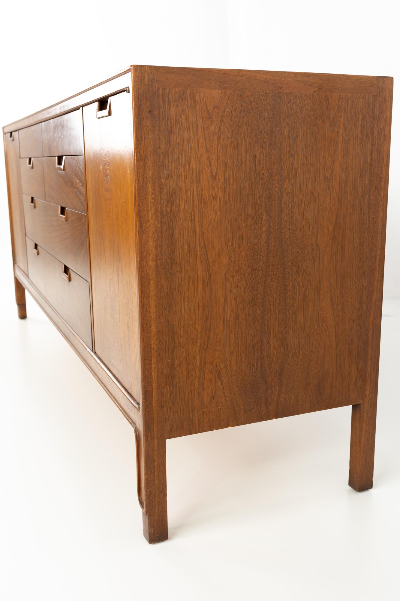 Mid-Century Modern Mount Airy Mid Century Janus Collection 14 Drawer Walnut Lowboy Dresser