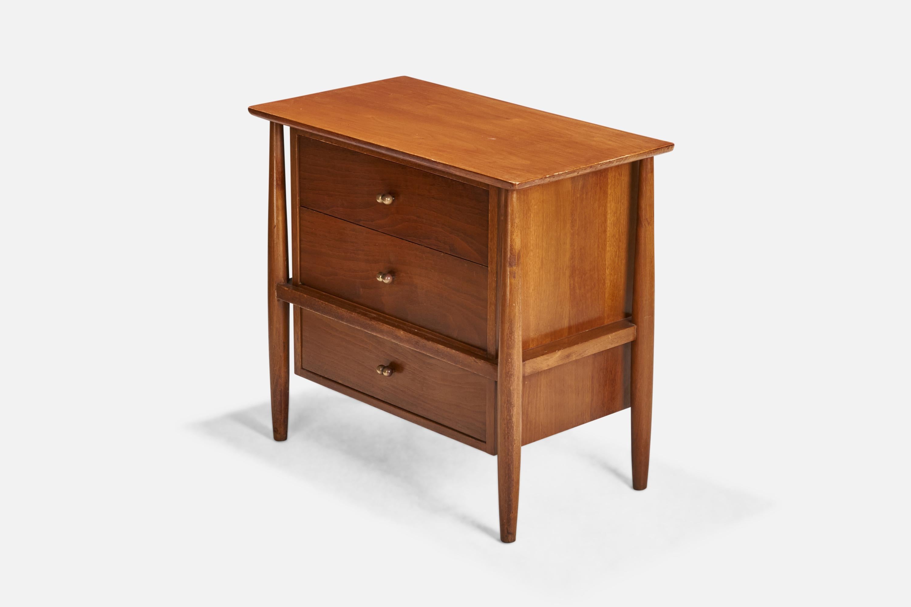 A pair of walnut and brass night stand designed and produced by Mount Airy, USA, 1950s.