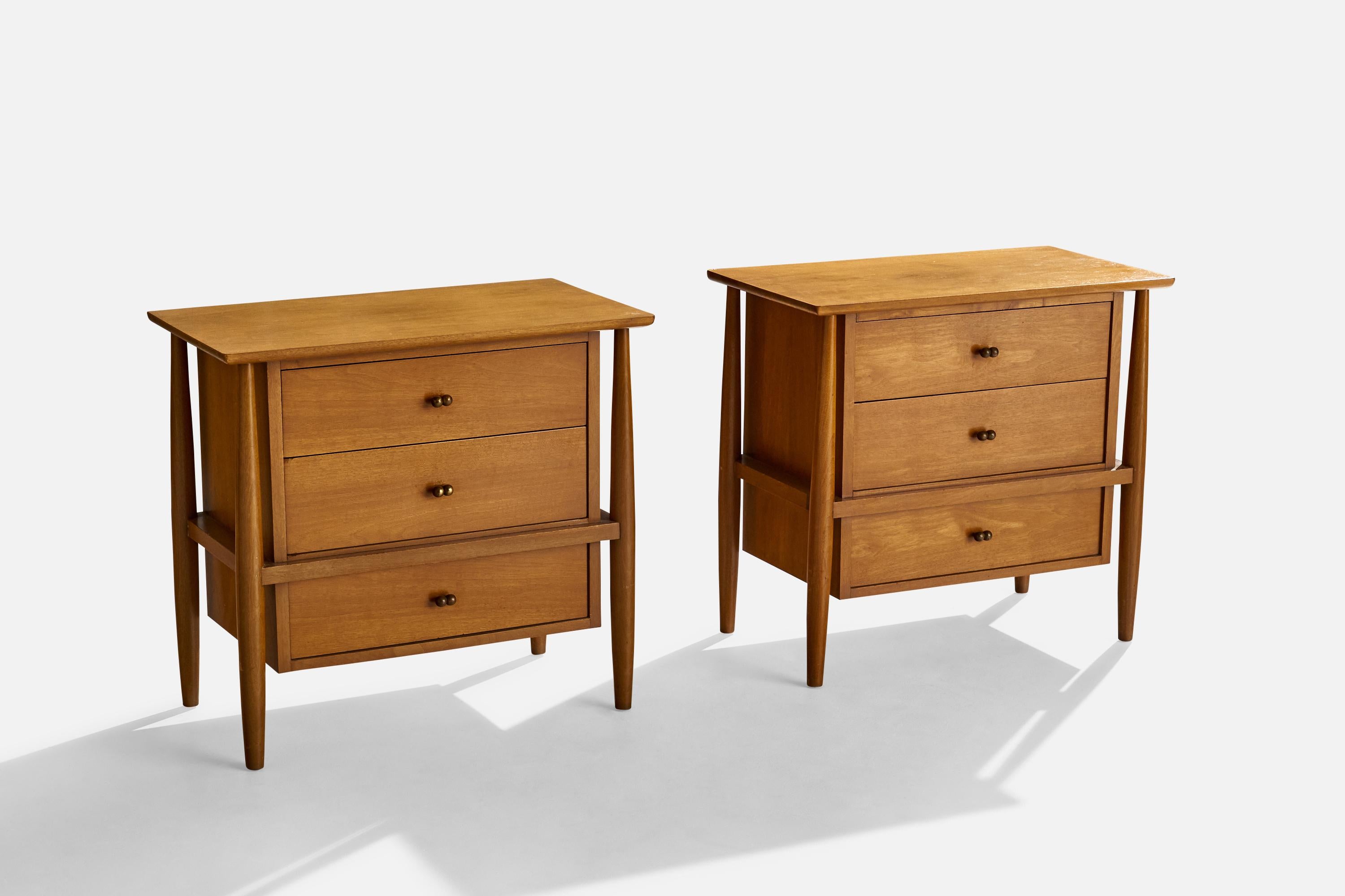 A pair of walnut and brass night stand designed and produced by Mount Airy, USA, 1950s.