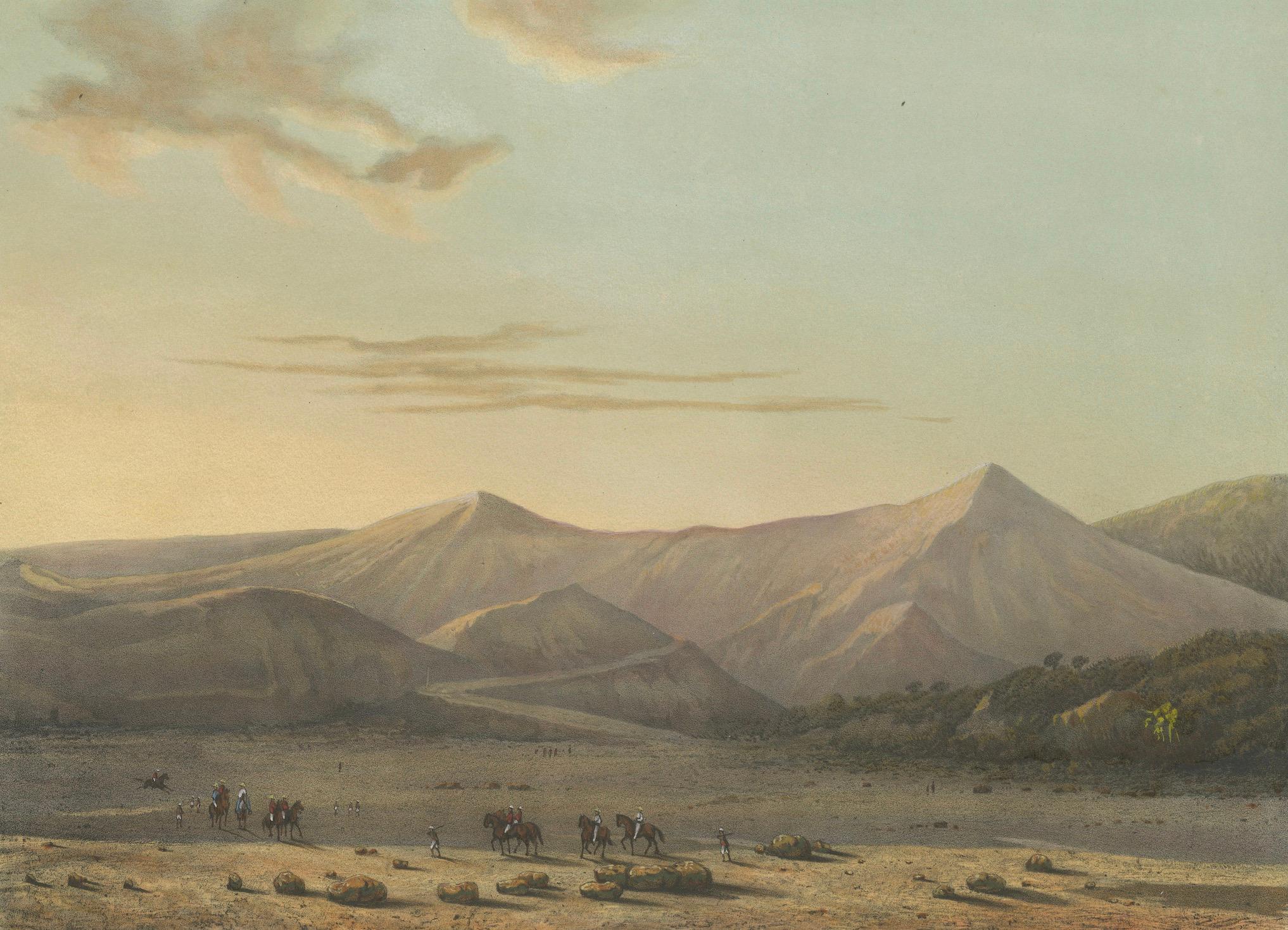 Mount Bromo Volcano Erupting in 1856 – East Java Lithograph, Published 1872

This dramatic landscape shows Mount Bromo, one of Java’s most iconic and active volcanoes, during an eruption in the year 1856. The scene, captured as plate 8 in the