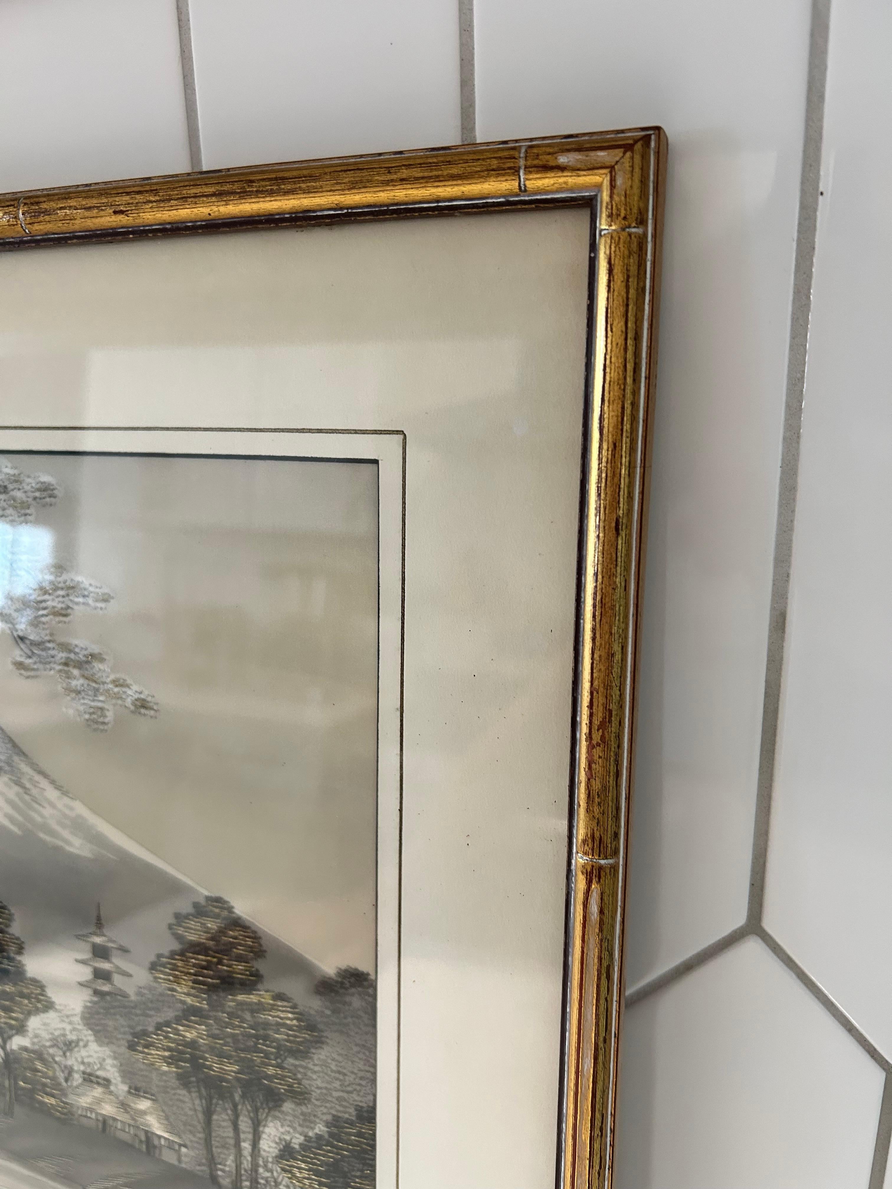 Bordado de Seda Japonesa del Monte Fuji y Pescador en un Marco de Bambú Dorado de Imitación Desconocido en venta
