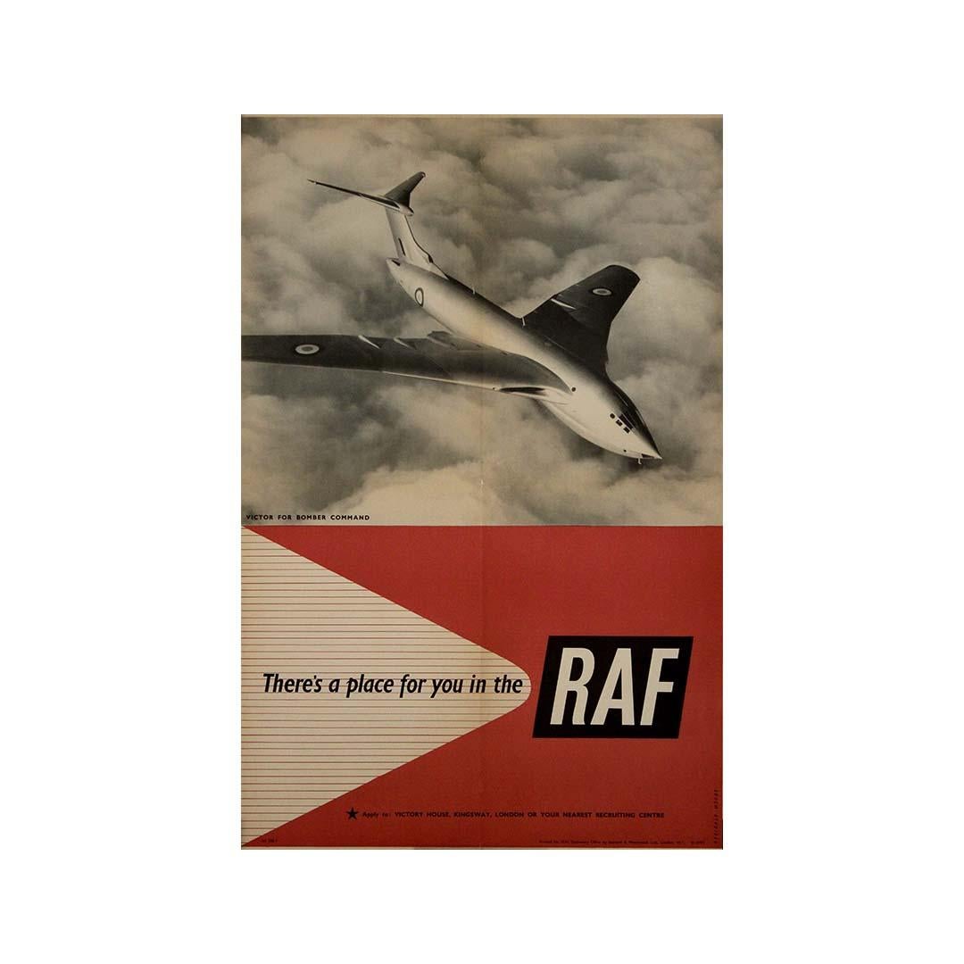 This 1951 original Royal Air Force (RAF) recruitment poster, designed by Mount Reginald, embodies the sleek, futuristic optimism of post-war aviation. The dramatic black-and-white photograph of a Vickers Valiant bomber soaring through the clouds