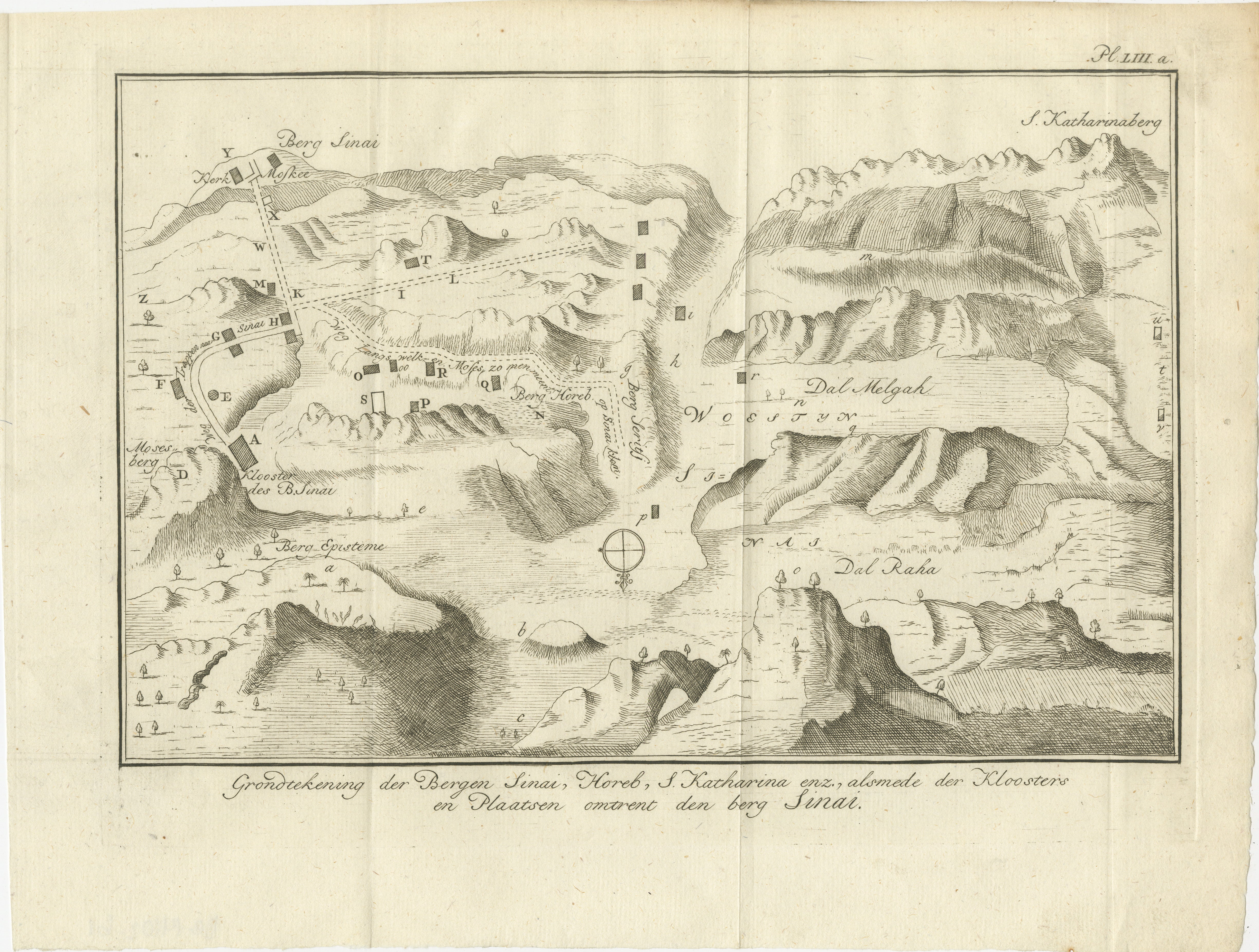 Monte Sinaí y Santa Catalina - Mapa antiguo de los monasterios del Sinaí, 1776

Descripción:
Este mapa antiguo, finamente grabado, representa la región montañosa de la península del Sinaí, centrándose en el monte Sinaí (Berg Sinai), el monte Horeb y