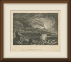 Éruption nocturne du Vésuve, baie de Naples, gravure sur acier ancienne, 1831