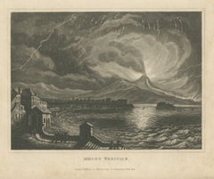 Éruption nocturne du Vésuve, baie de Naples, gravure sur acier ancienne, 1831