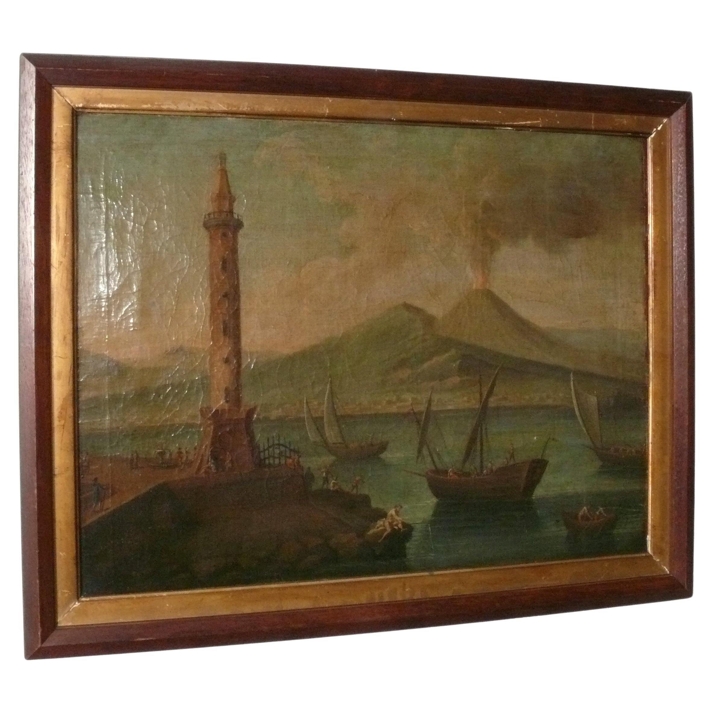 Mount Vesuvius From The Harbor of Naples 19th C. Oil on Canvas 21.5" x 27.75"