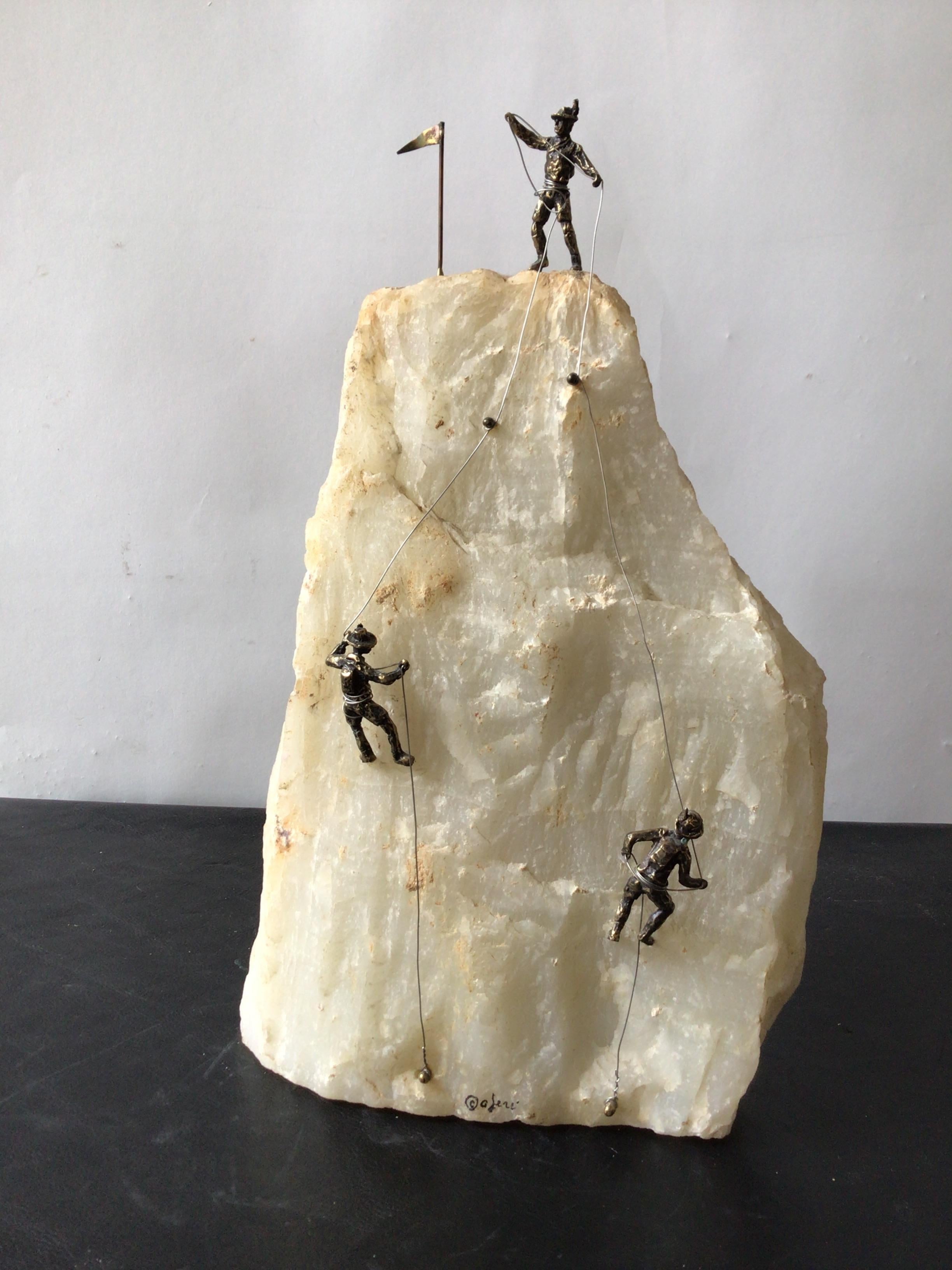 1970s Sculpture of mountain climbers. Quartz and bronze. Signed Jere.
