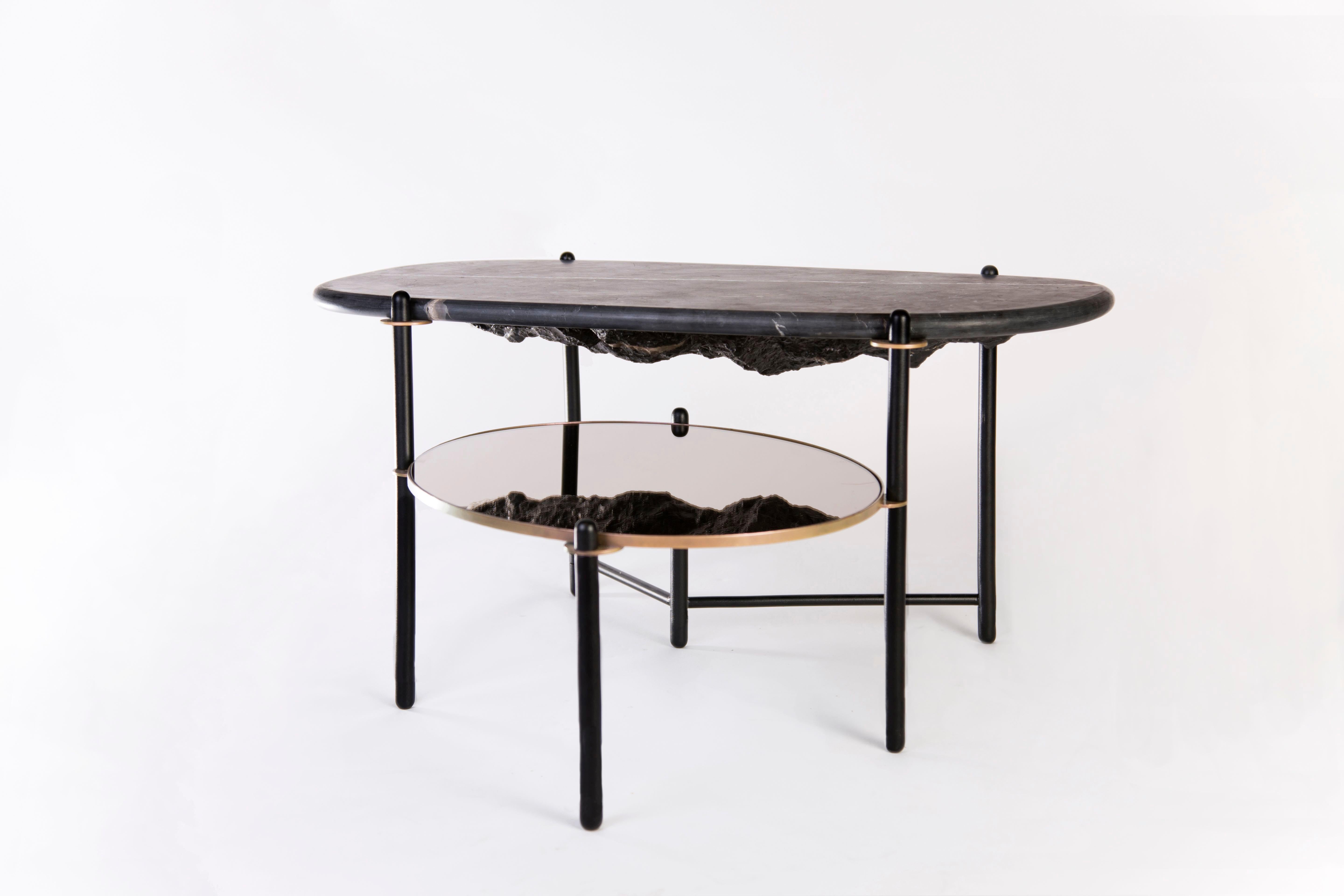Mountain coffee table by Comité de Proyectos
Dimensions: large: 120 x 100 x H 46 cm 
 small: 80 × 68.5 × H 40 cm
Materials: Polished marble top, mirror, machined and electro-painted cold roll bars

The table has a polished marble top, and carved on