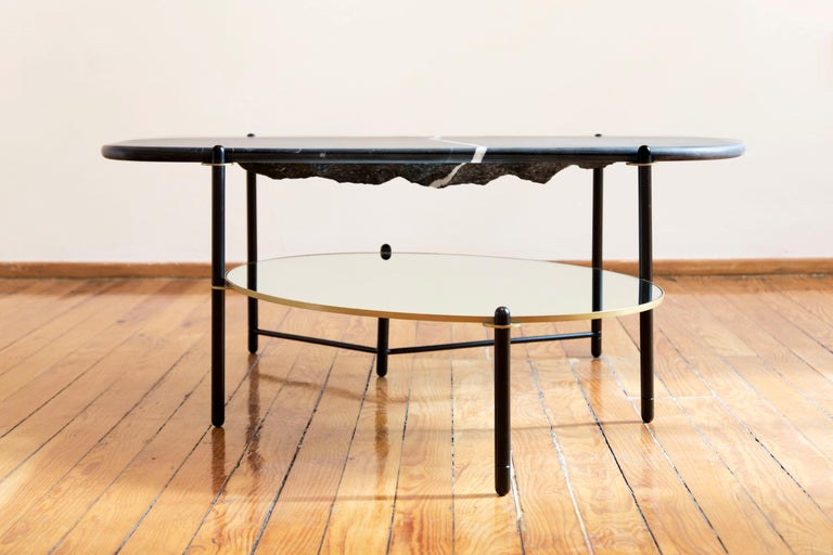 Mirror Mountain Coffee Table, Hand Carved Marble Top and Metal, Modern Mexican Design For Sale