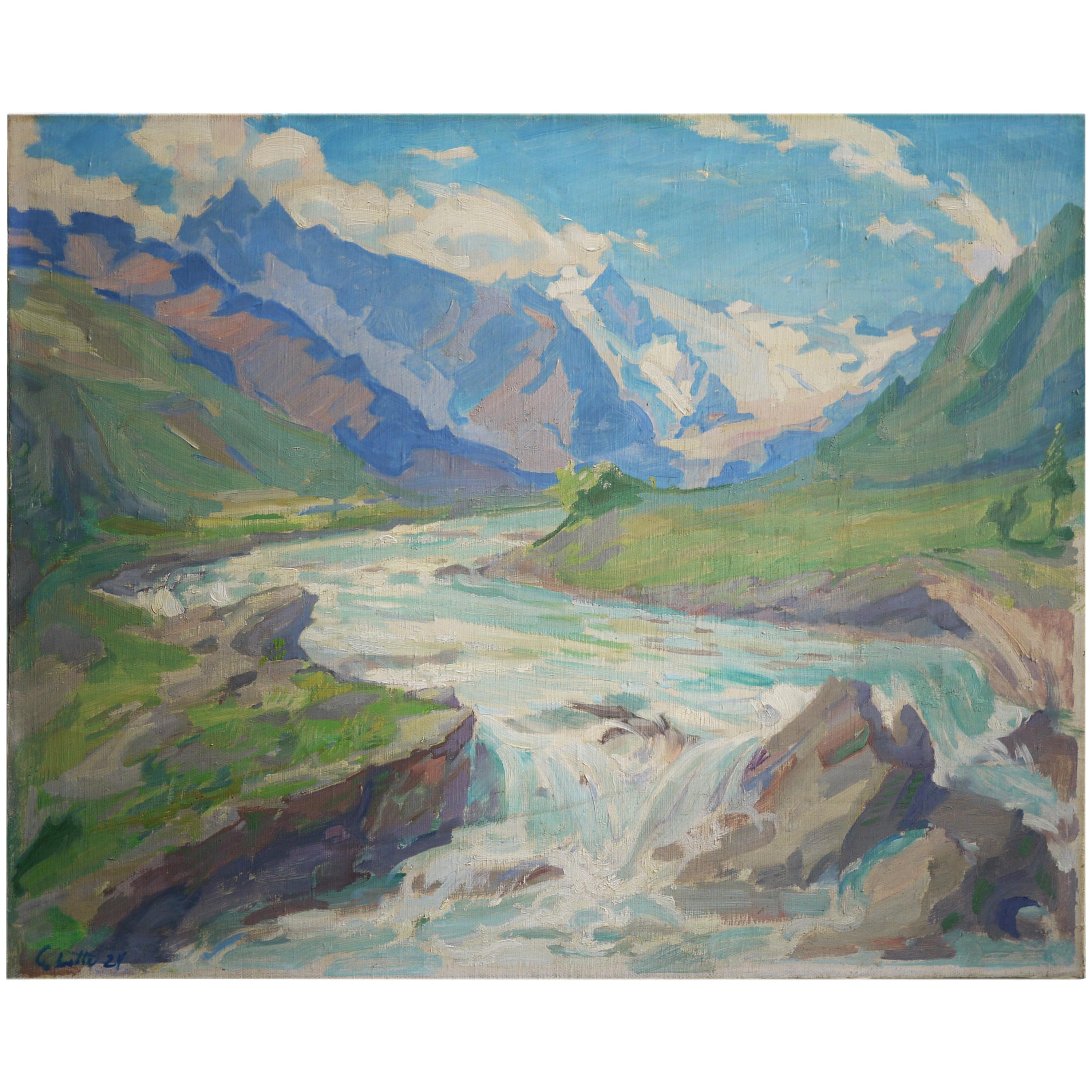 Mountain Creek Painting Oil on Canvas Alps Landscape, 1924