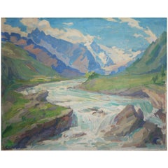 Mountain Creek Painting Oil on Canvas Alps Landscape, 1924