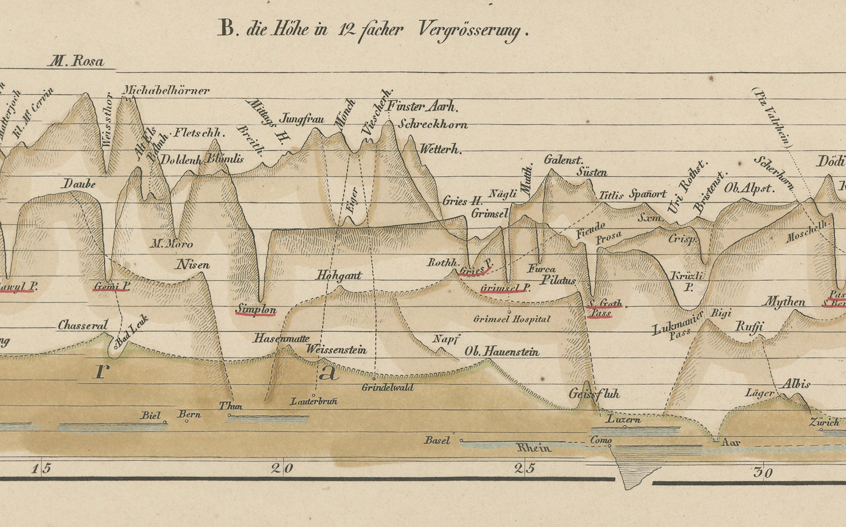 XIXe siècle Profils d'altitude des montagnes - Alpes, Pyrénées, Andes et hauteurs du monde 1857 en vente