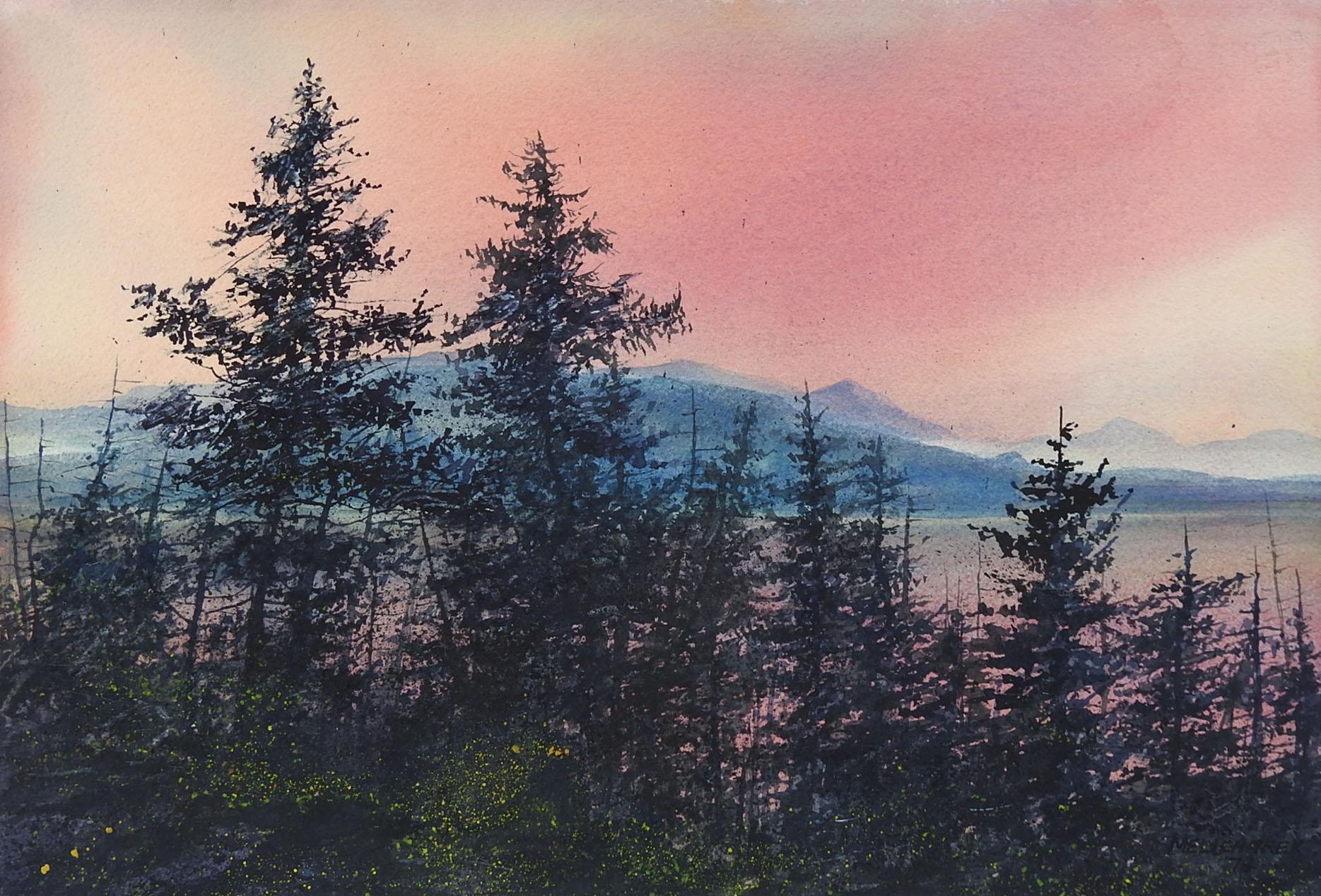 Rustic Mountain Forest Sunrise Watercolor Painting