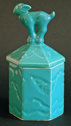 "Mountain Goat Humidor, " Art Deco Lidded Container with Teal-Turquoise Glaze