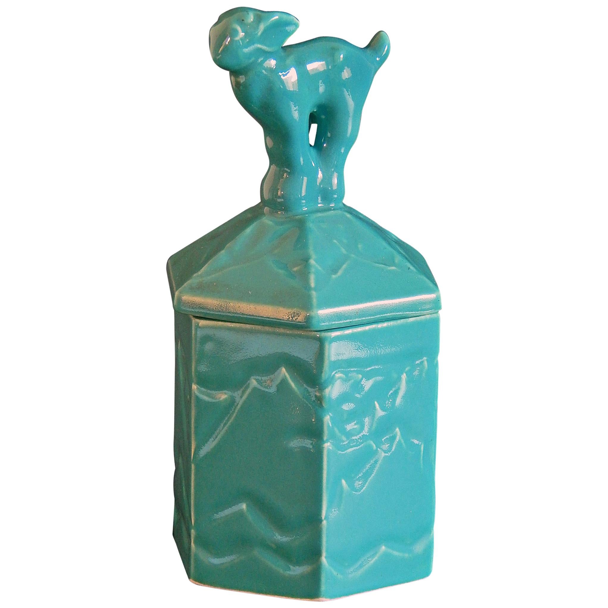 "Mountain Goat Humidor, " Art Deco Lidded Container with Teal-Turquoise Glaze For Sale