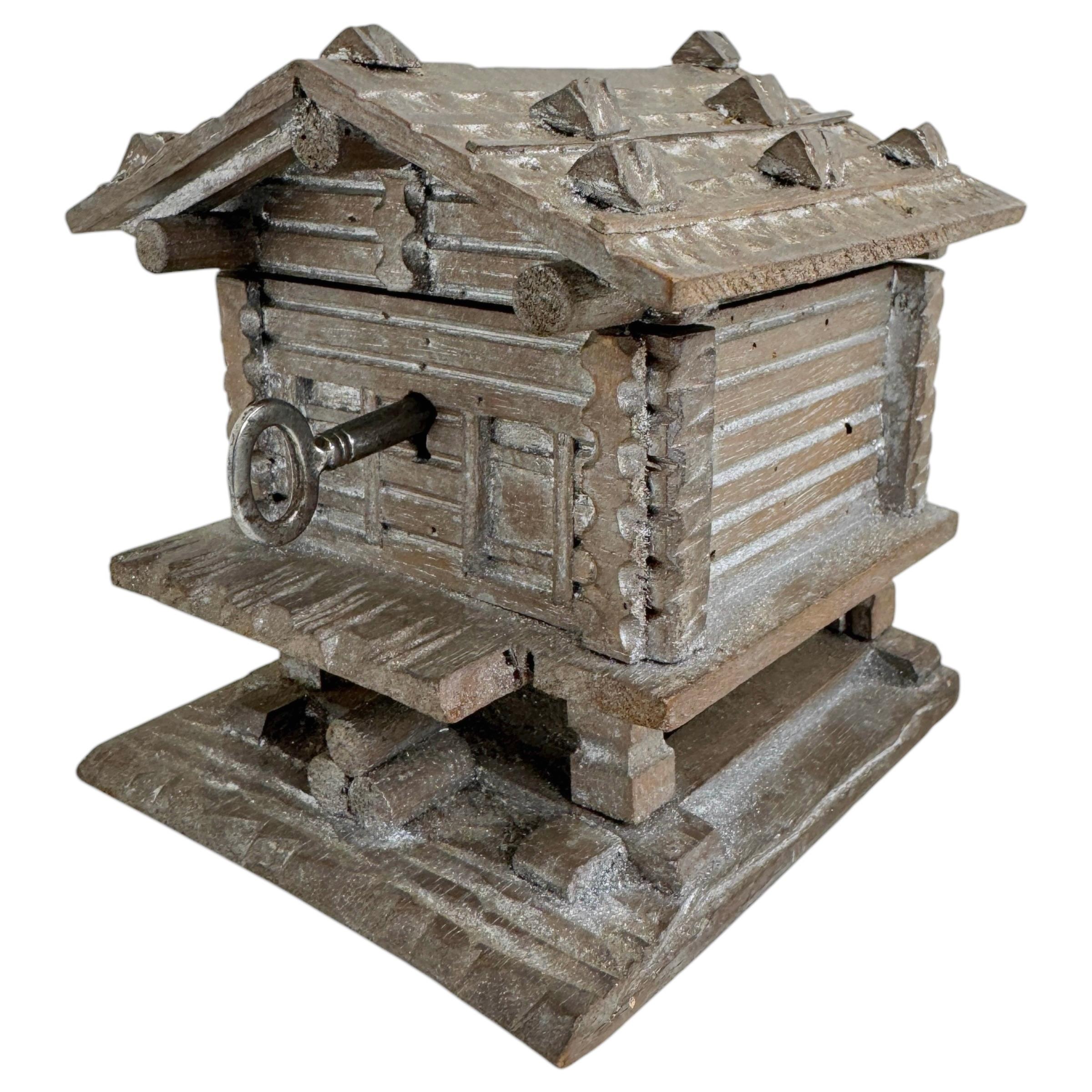 Folk Art Mountain Hut Lodge Black Forest Wood Carved Money Box Piggy Bank, Vintage 1910s For Sale