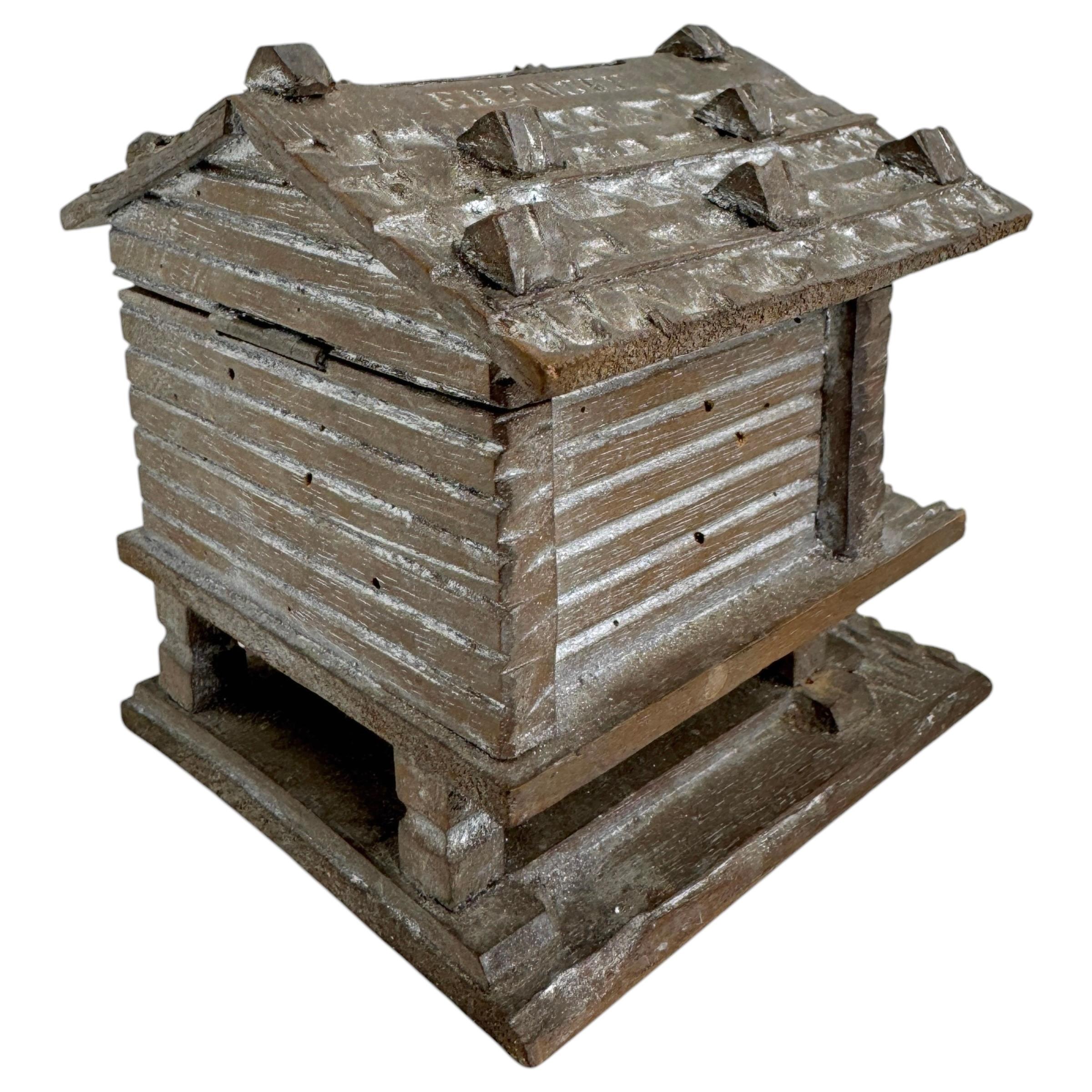 German Mountain Hut Lodge Black Forest Wood Carved Money Box Piggy Bank, Vintage 1910s For Sale