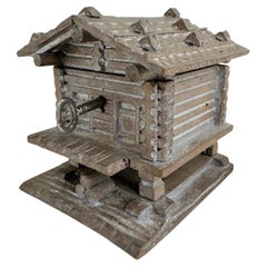 Mountain Hut Lodge Black Forest Wood Carved Money Box Piggy Bank, Vintage 1910s