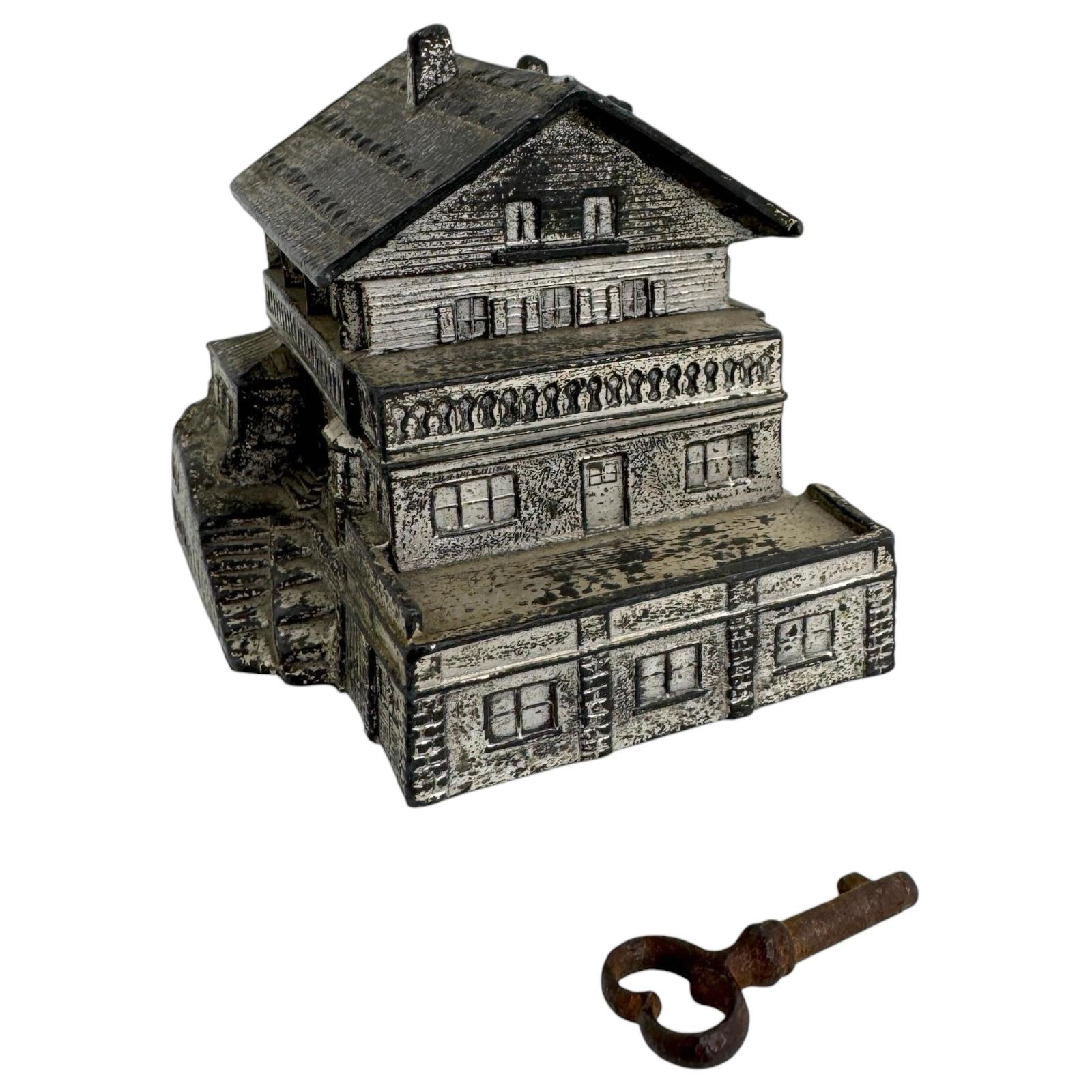 Folk Art Mountain Hut Lodge Haus Wachenfeld Metal Money Box Piggy Bank, Vintage 1930s For Sale