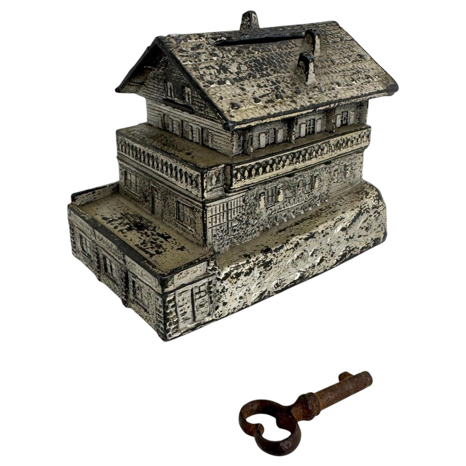 German Mountain Hut Lodge Haus Wachenfeld Metal Money Box Piggy Bank, Vintage 1930s For Sale