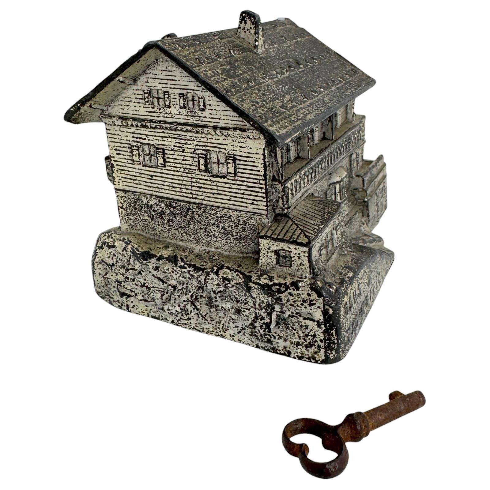Early 20th Century Mountain Hut Lodge Haus Wachenfeld Metal Money Box Piggy Bank, Vintage 1930s For Sale