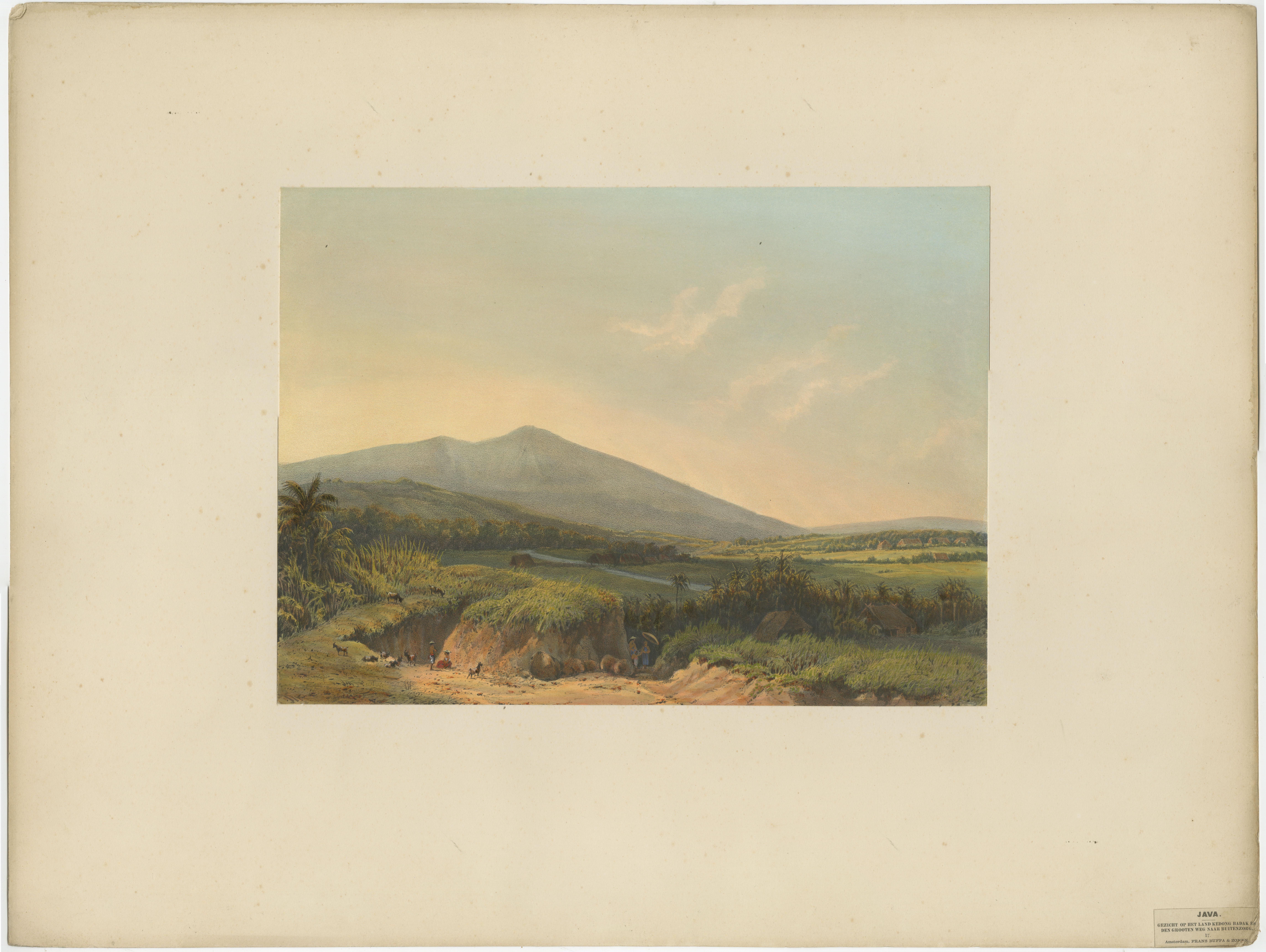 Mountain Landscape near Kedong Badak – Java Lithograph from 1872

This tranquil chromolithograph captures the peaceful countryside near Kedong Badak, along the major colonial road leading to Buitenzorg (now Bogor), West Java. It is plate number 17