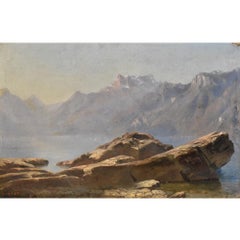 Pintura de paisaje de montaña, Pintura antigua de paisaje al óleo, Óleo sobre papel, XIX