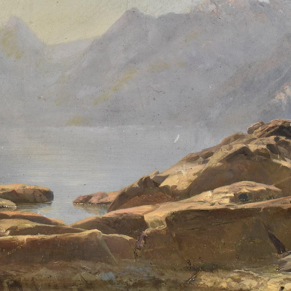 Louis-Philippe Peinture de paysage de montagne, peinture à l'huile ancienne de paysage, huile sur papier, XIX  en vente