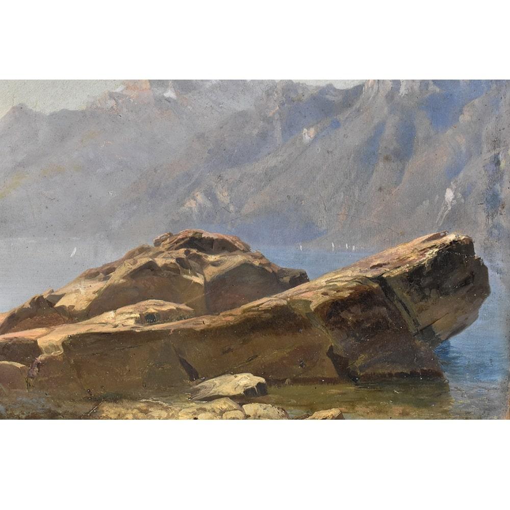 Français Peinture de paysage de montagne, peinture à l'huile ancienne de paysage, huile sur papier, XIX  en vente