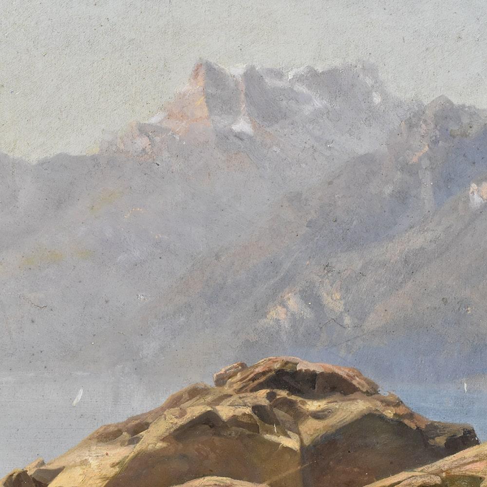 Peinture de paysage de montagne, peinture à l'huile ancienne de paysage, huile sur papier, XIX  Bon état - En vente à Breganze, VI