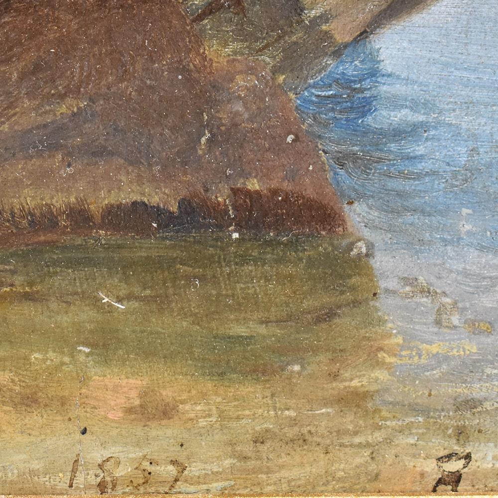 XIXe siècle Peinture de paysage de montagne, peinture à l'huile ancienne de paysage, huile sur papier, XIX  en vente