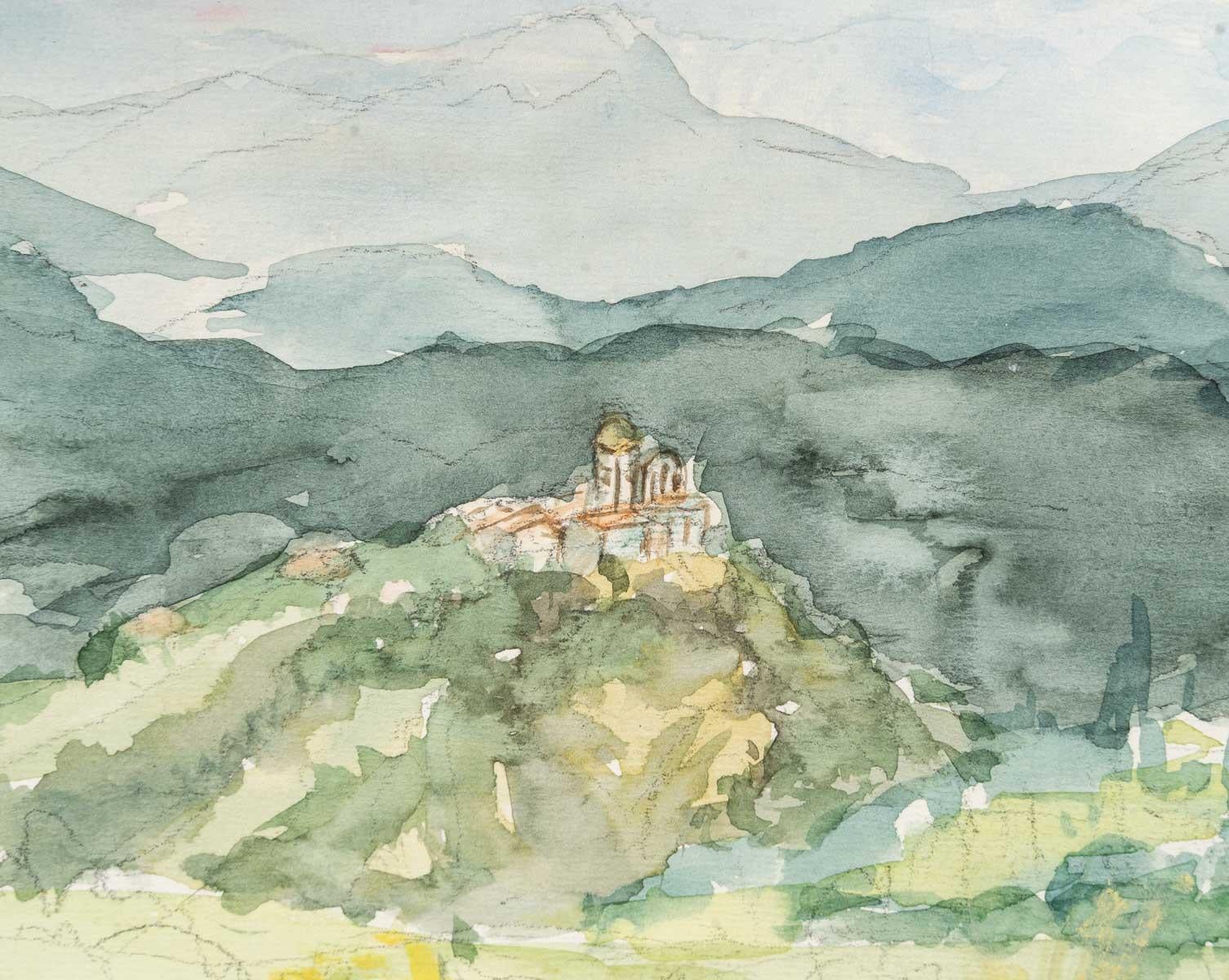 Mountain landscape, watercolour on paper, 20th century. 
Evelyne Luez, School of Paris 
Measures: H 21, W 25.5 cm.