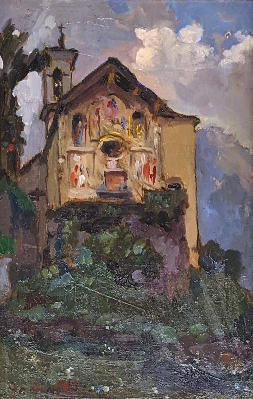 Mountain landscape with church, oil on canvas in bright colors.
Golden frame.