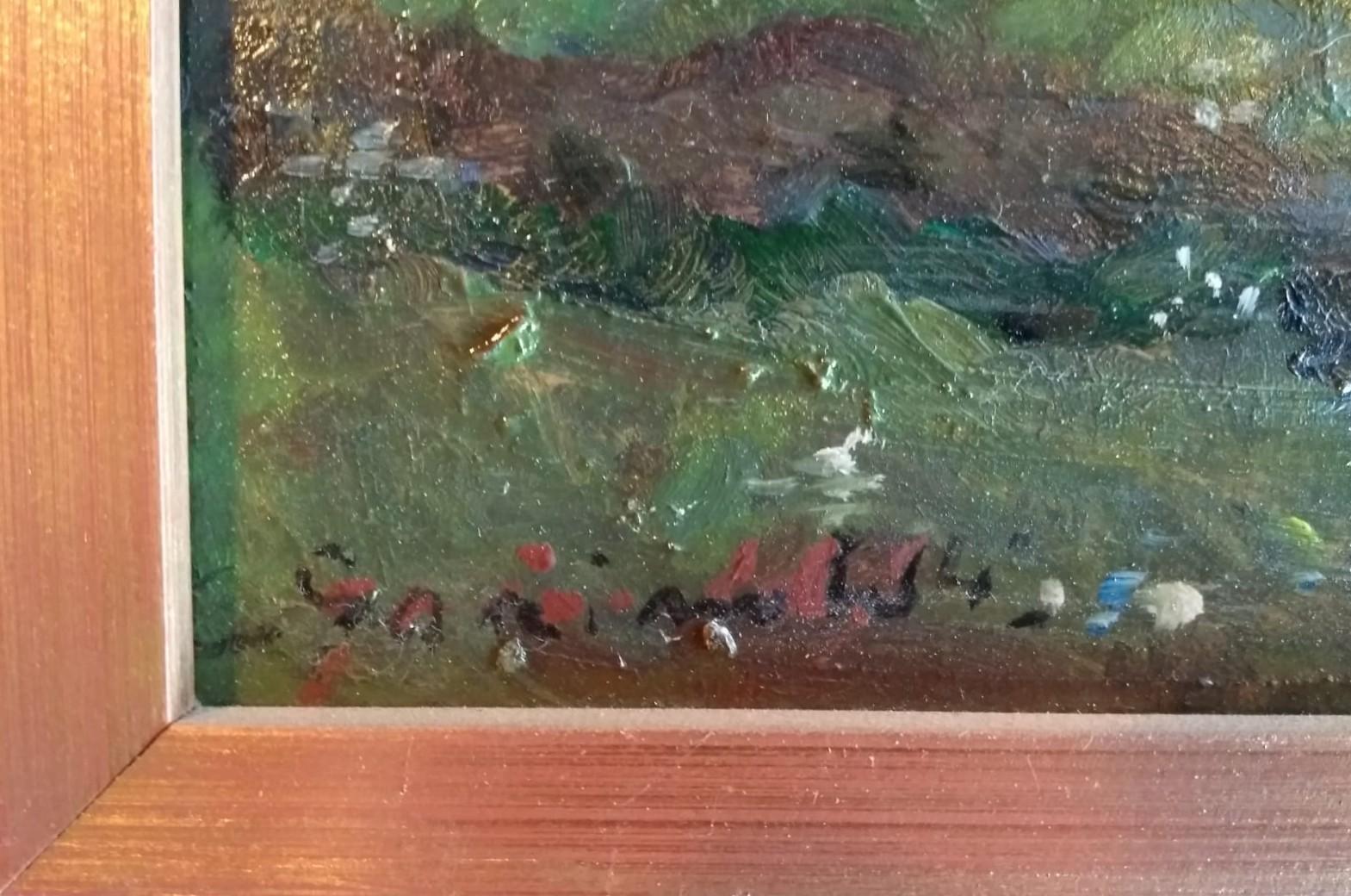 Hand-Crafted Mountain Landscape with Church, Oil on Canvas and Gilded Frame, Early 1900s For Sale
