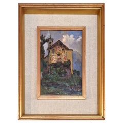 Mountain Landscape with Church, Oil on Canvas and Gilded Frame, Early 1900s