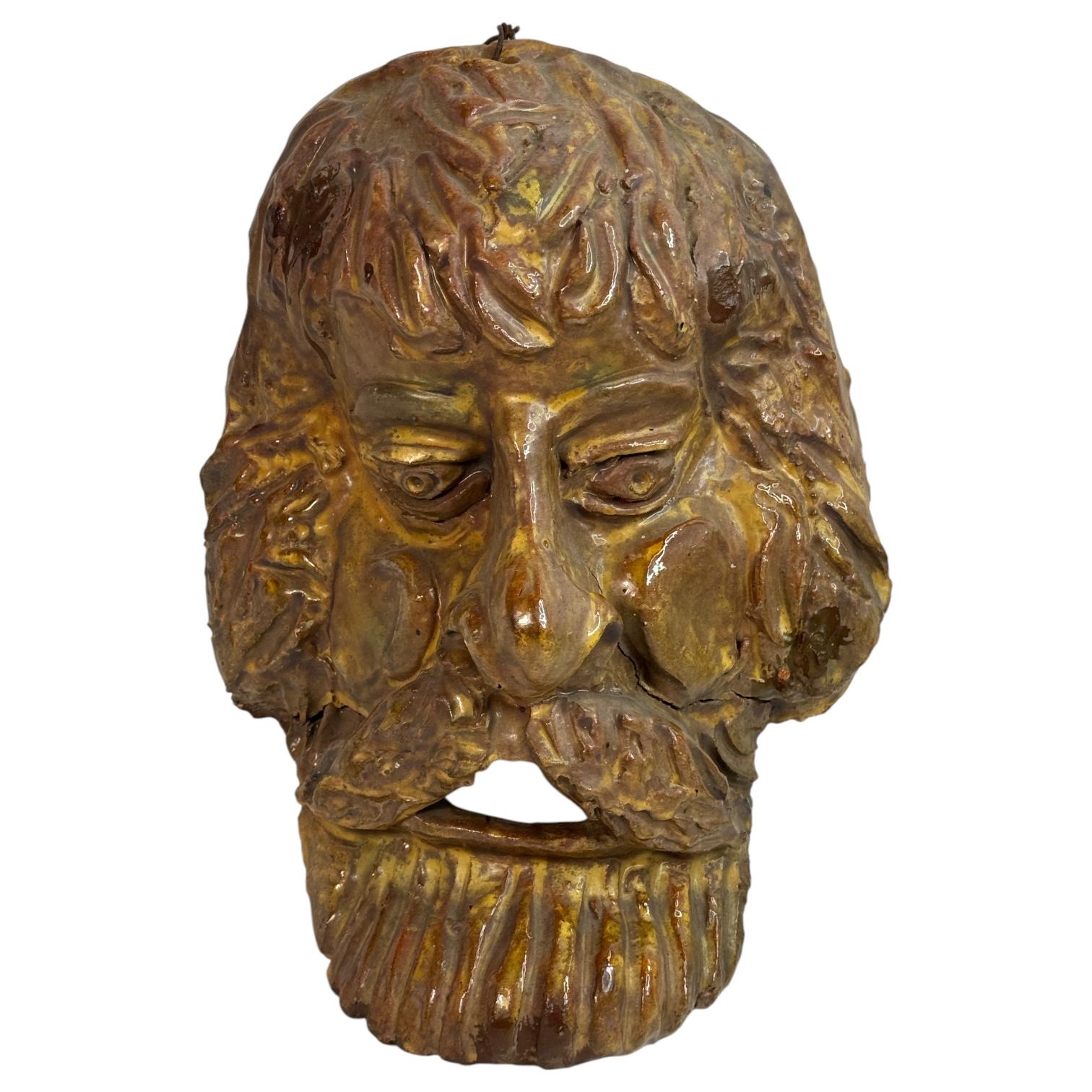 Italian Mountain Man Head Wall Mask Antique Folk Art Terracotta Italy 1920s For Sale