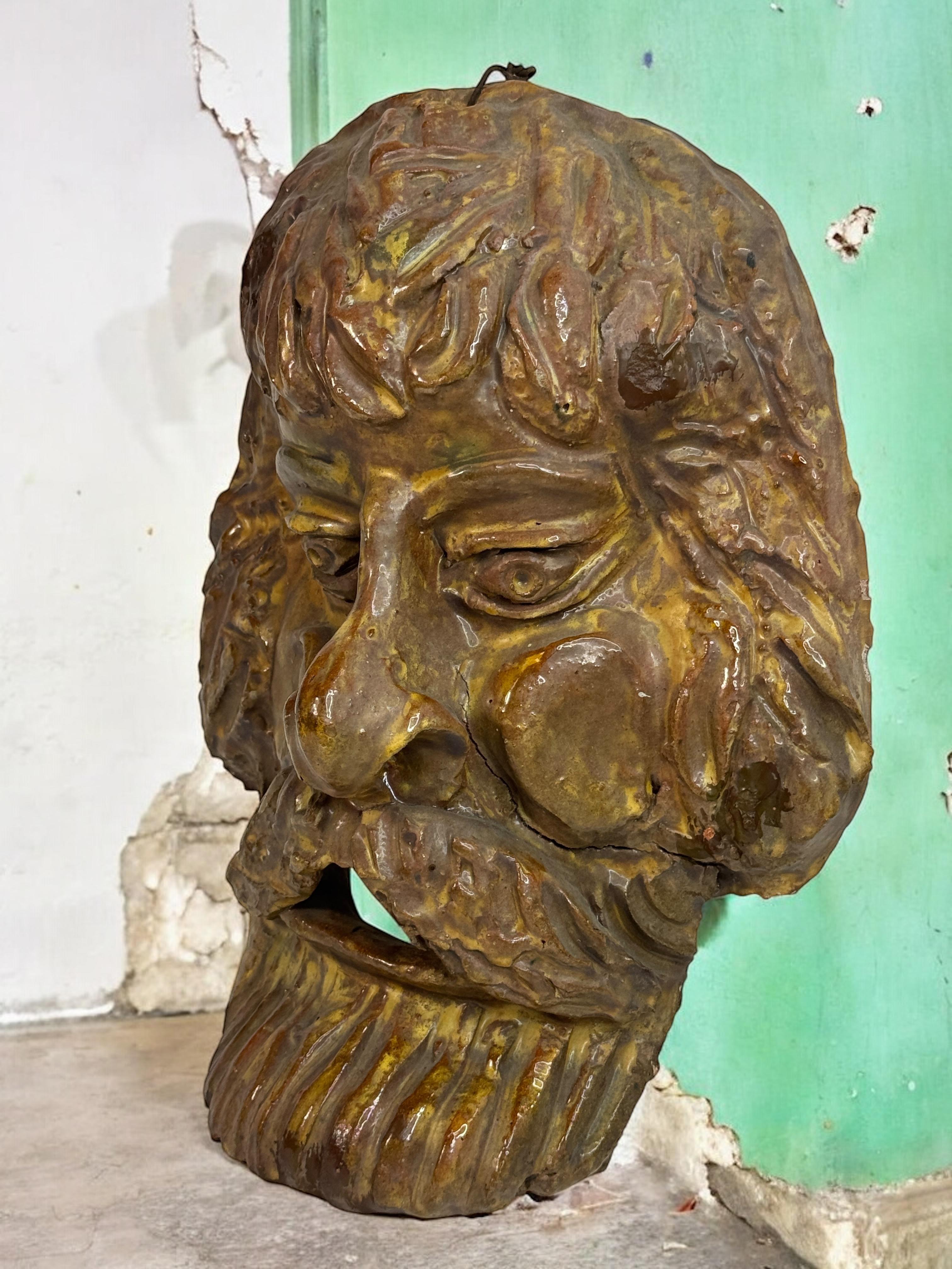 Glazed Mountain Man Head Wall Mask Antique Folk Art Terracotta Italy 1920s For Sale