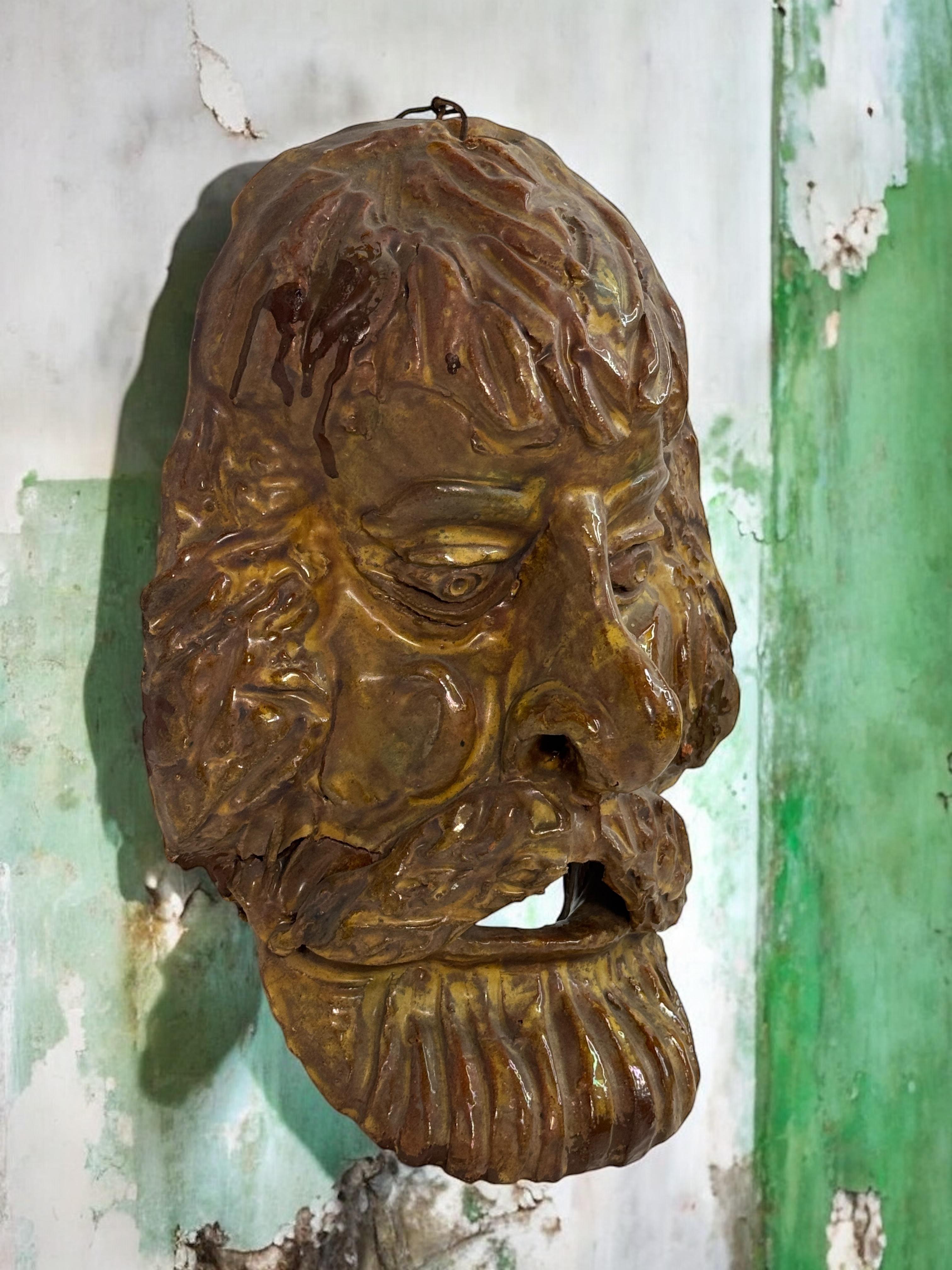Early 20th Century Mountain Man Head Wall Mask Antique Folk Art Terracotta Italy 1920s For Sale