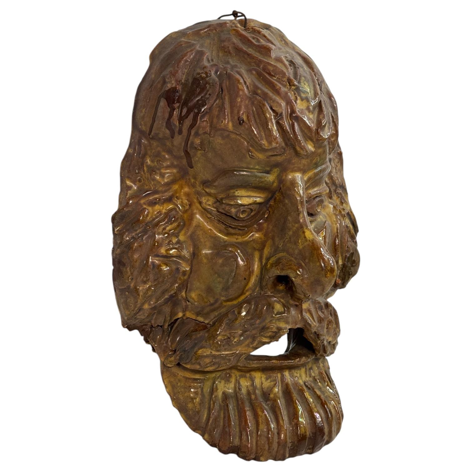 Ceramic Mountain Man Head Wall Mask Antique Folk Art Terracotta Italy 1920s For Sale