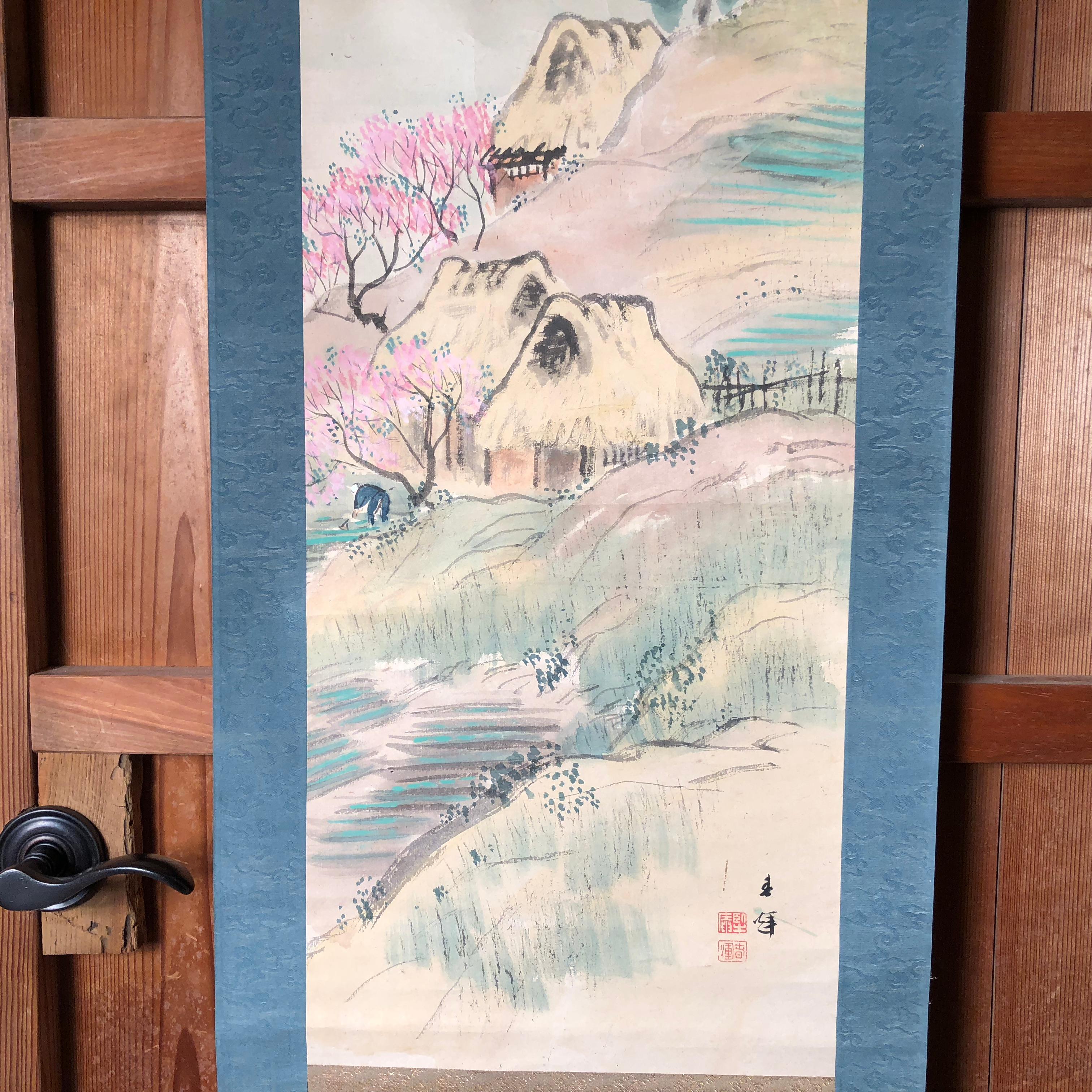 20th Century Mountain Minka Cottages Japanese Antique Hand-Painted Silk Scroll, Meiji