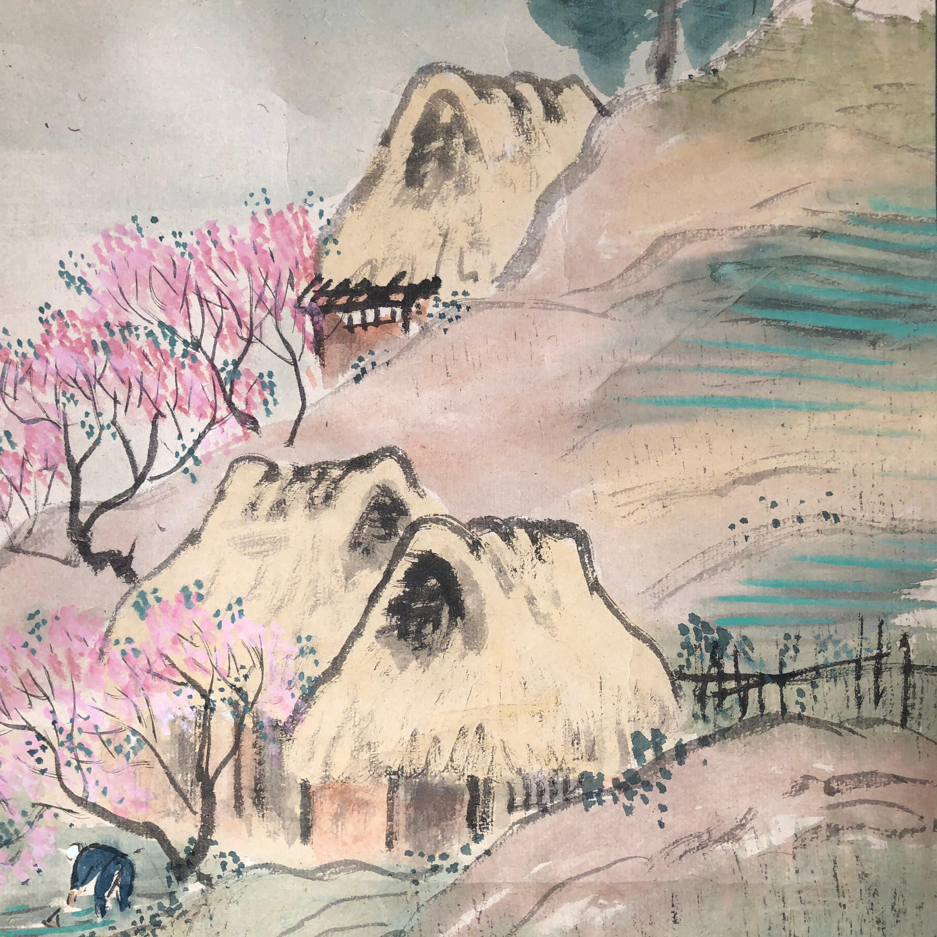 Mountain Minka Cottages Japanese Antique Hand-Painted Silk Scroll, Meiji 1