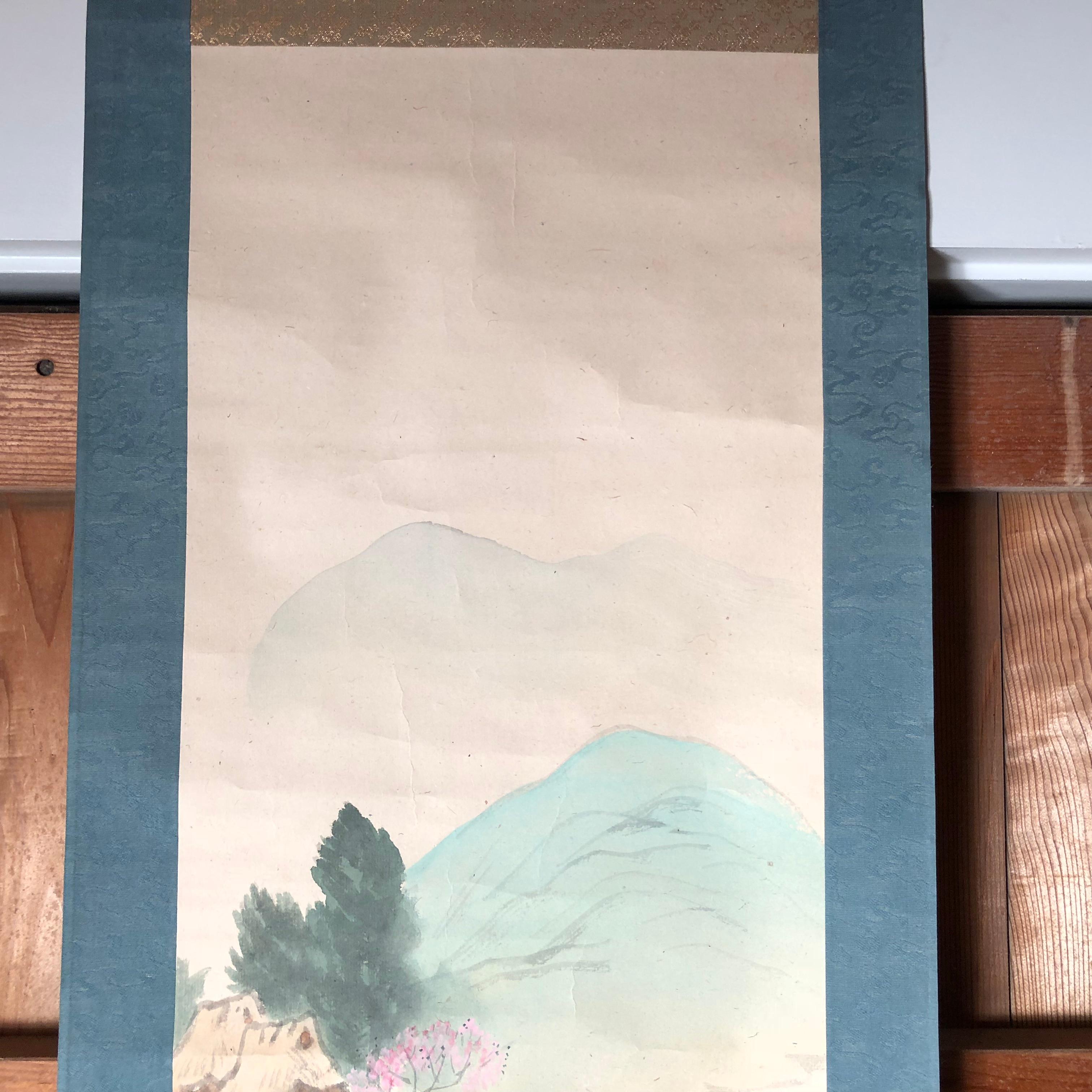 Mountain Minka Cottages Japanese Antique Hand-Painted Silk Scroll, Meiji 2