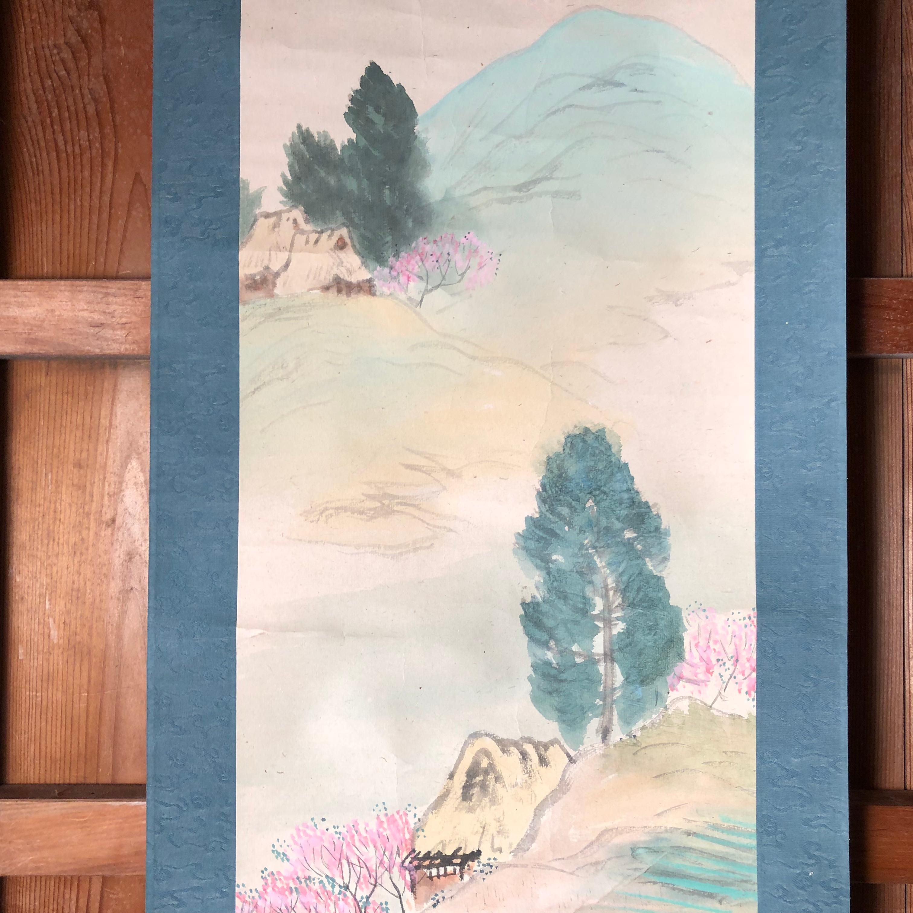 Mountain Minka Cottages Japanese Antique Hand-Painted Silk Scroll, Meiji 3