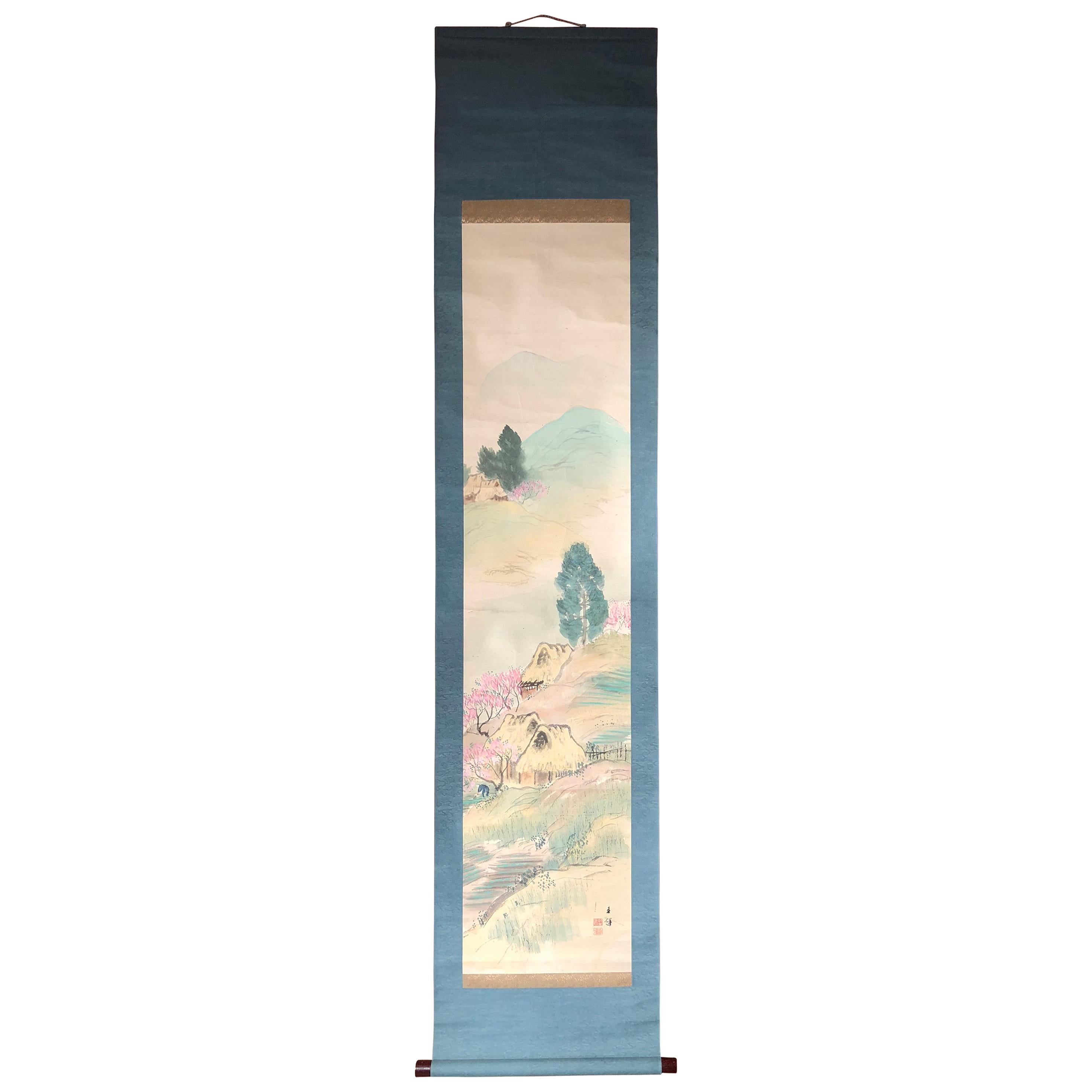 Mountain Minka Cottages Japanese Antique Hand-Painted Silk Scroll, Meiji