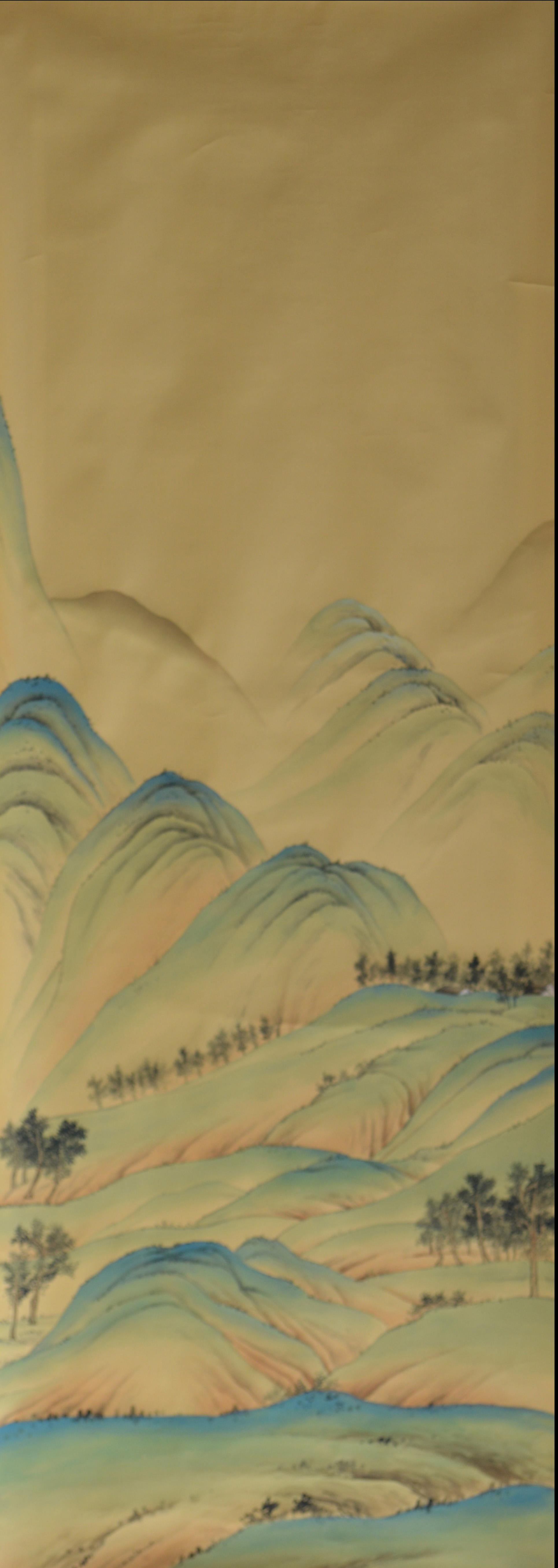 Chinese Mountain Mural Hand Painted Wallpaper on Silk Panel, Accept Custom Size For Sale