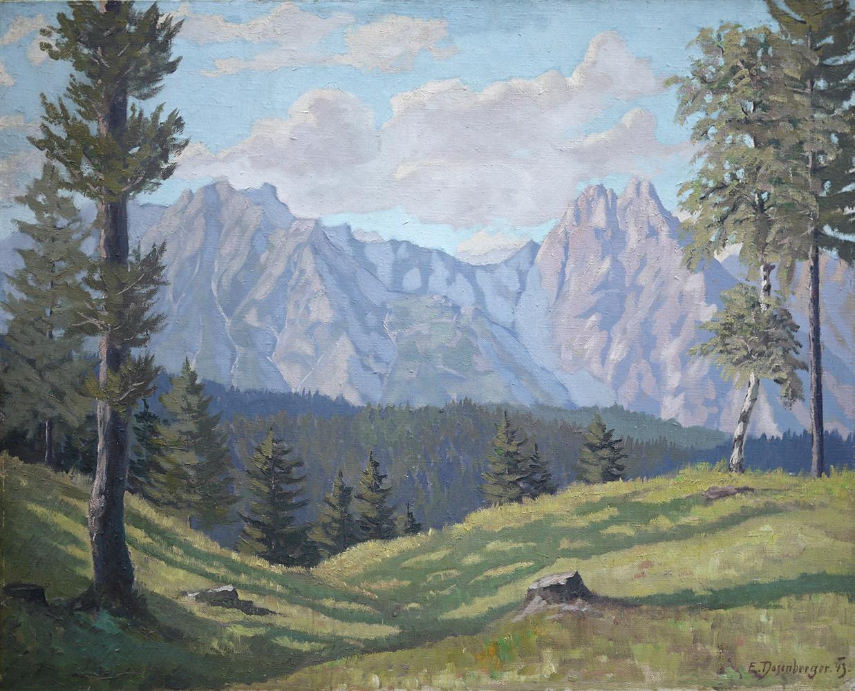 Mountain painting, Alps, Tyrol, Summer Landscape - Ernst Dosenberger - 1943

Size: 60 cm x 80 cm (measurements refer only to the canvas - the painting is sold with the frame) - oil on canvas.

Summer landscape depicting the peaks surrounding