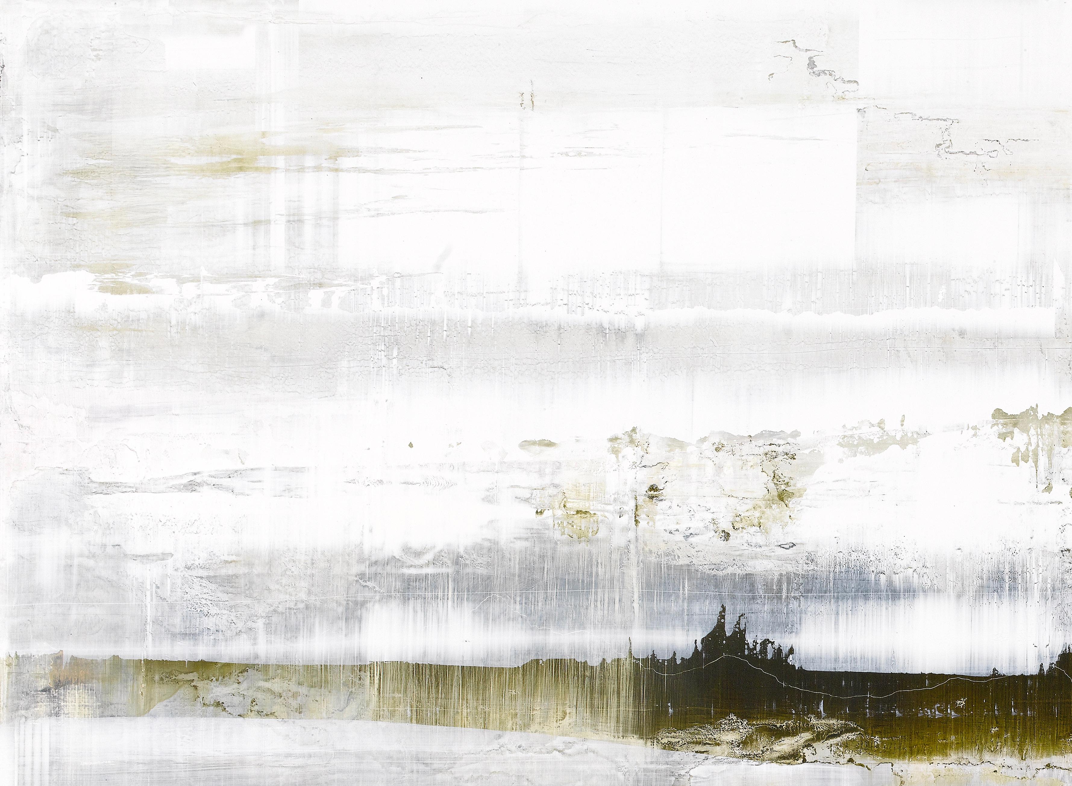 Zeitgenössische impressionistische Malerei, die eine Landschaft mit Wasser und Bergen darstellt (Organische Moderne) im Angebot