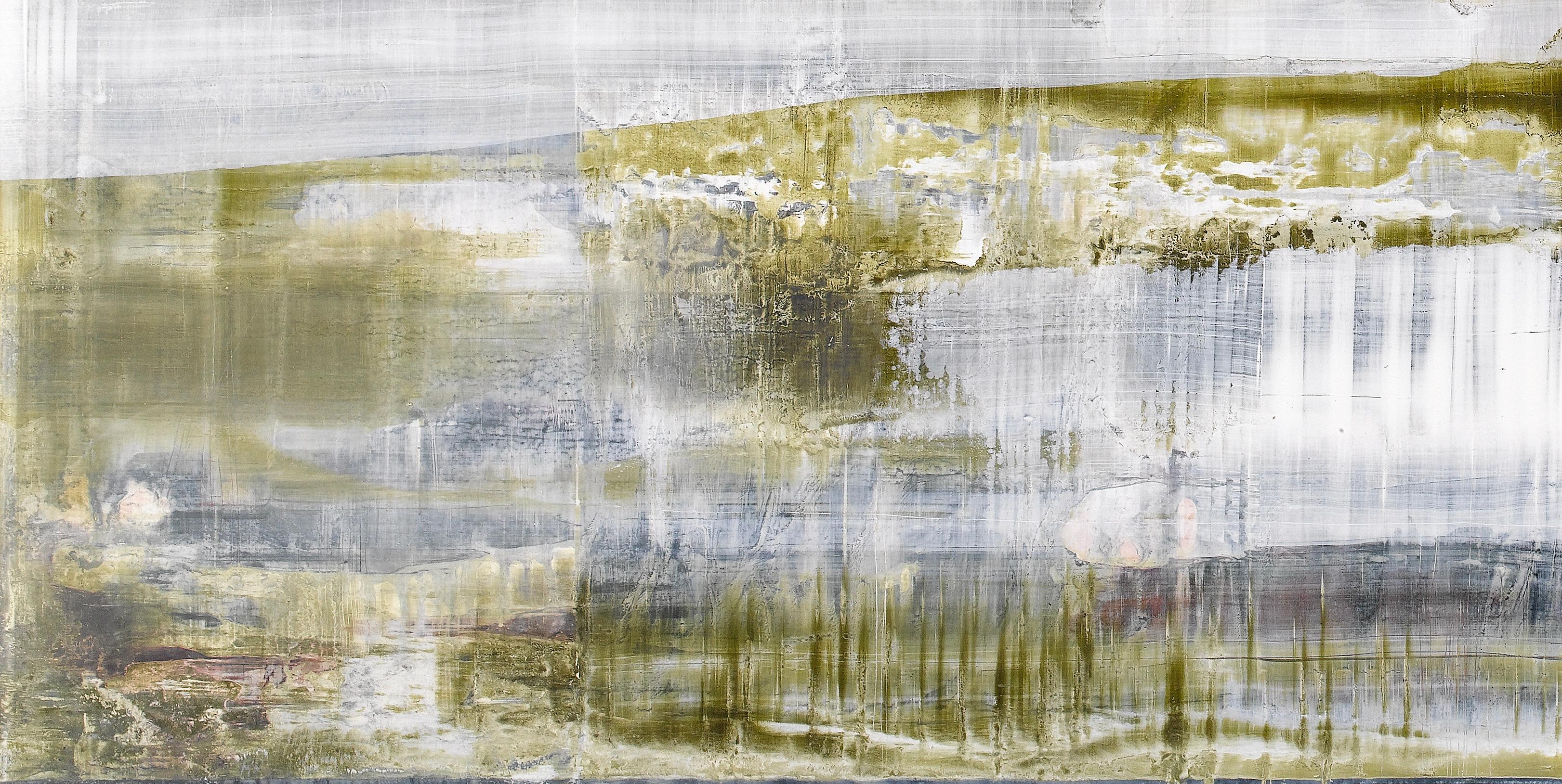 Zeitgenössische impressionistische Malerei, die eine Landschaft mit Wasser und Bergen darstellt (Britisch) im Angebot