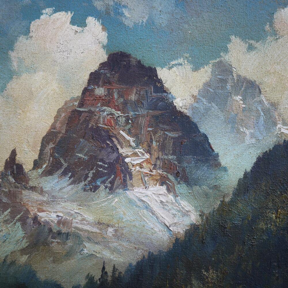 Dolomites, Tre Cime di Lavaredo, Lake Misurina, E. Huther, 1930s

Size: 29 cm x 23 cm (measurements refer only to the canvas - the painting is sold with the frame), oil on canvas.

Painting depicting Lake Misurina, the 