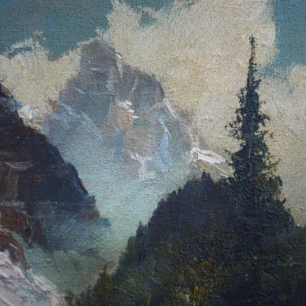 Mountain Painting, Dolomites, Oil on Canvas, E. Huther, 1930s In Good Condition In Vo', Veneto
